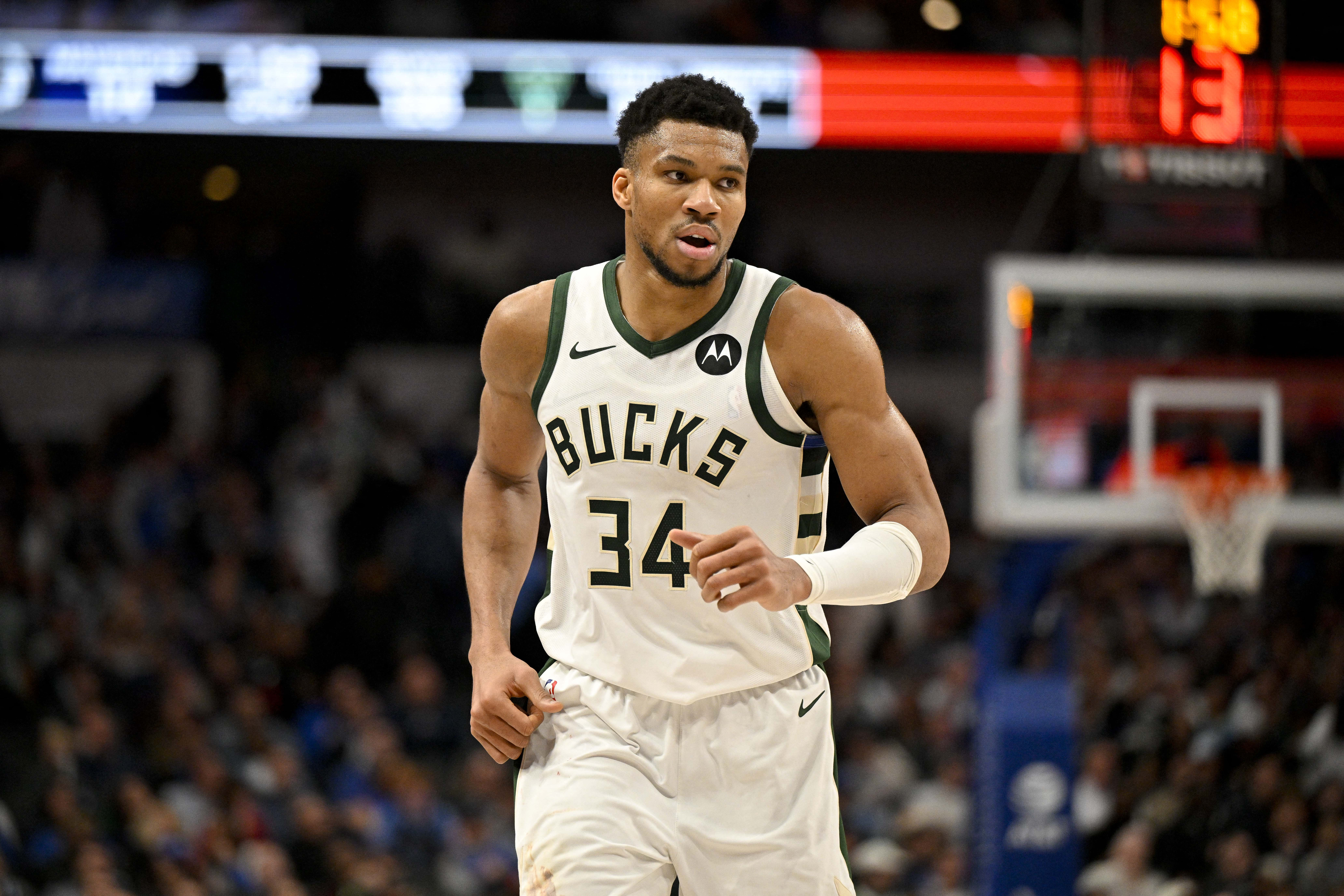 Feb 3, 2024; Dallas, Texas, USA; Milwaukee Bucks forward Giannis Antetokounmpo (34) runs back up the court during the second half against the Dallas Mavericks at the American Airlines Center. Mandatory Credit: Jerome Miron-USA TODAY Sports