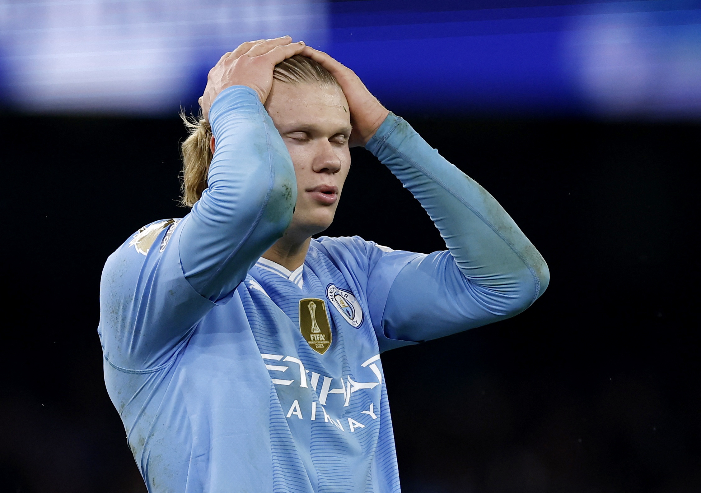 Soccer Football - Premier League - Manchester City v Chelsea - Etihad Stadium, Manchester, Britain - February 17, 2024 Manchester City's Erling Braut Haaland reacts Action Images via Reuters