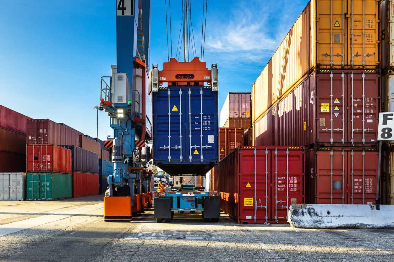 Shot of an intermodal shipping yard in the Port of Long Beach, California.