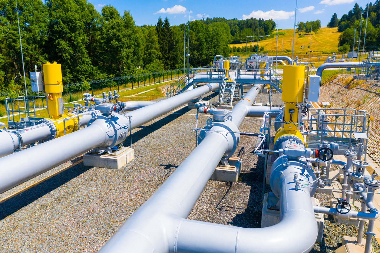 One part of Nord Stream pipeline from Russia to European Union. High pressure pipes on a hot summer day.