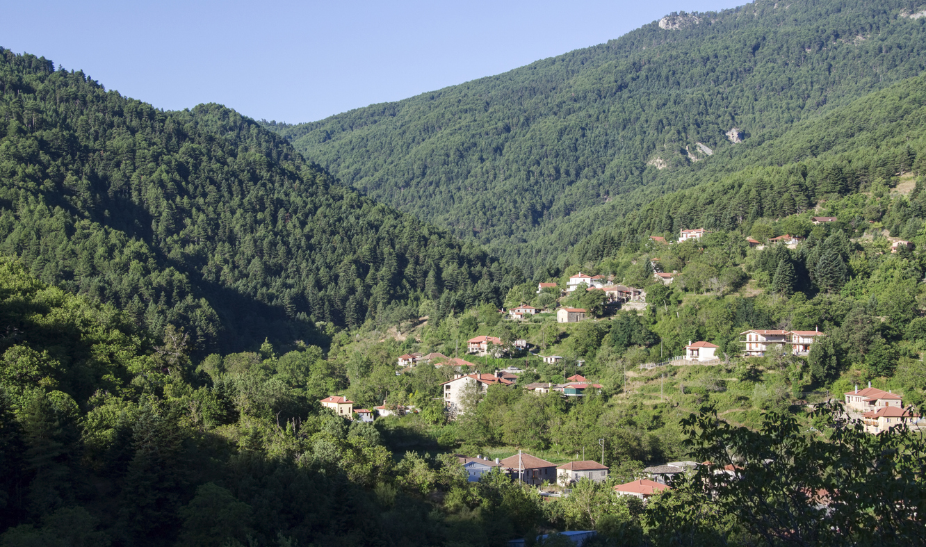 Buildings in Zarouhla village. Acahia, Greece. Greek mountainous landscapes at autumn and winter