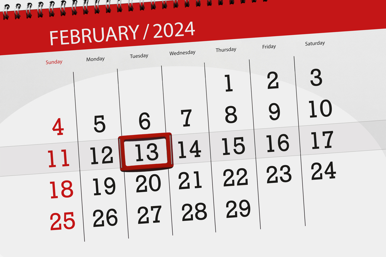 Calendar 2024, deadline, day, month, page, organizer, date, February, tuesday, number 13.