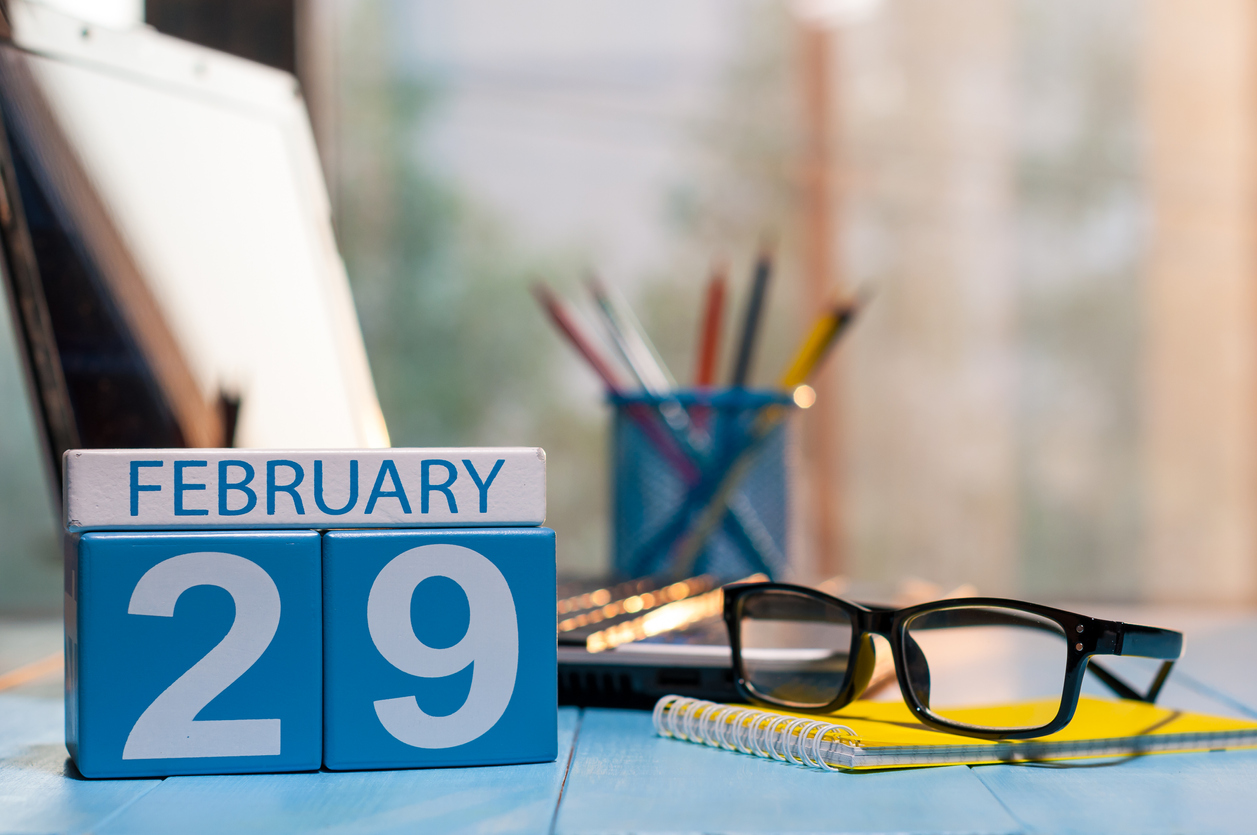 February 29th. Day 29 of month, calendar on editor workspace background. Leap year concept. Winter time. Empty space for text.
