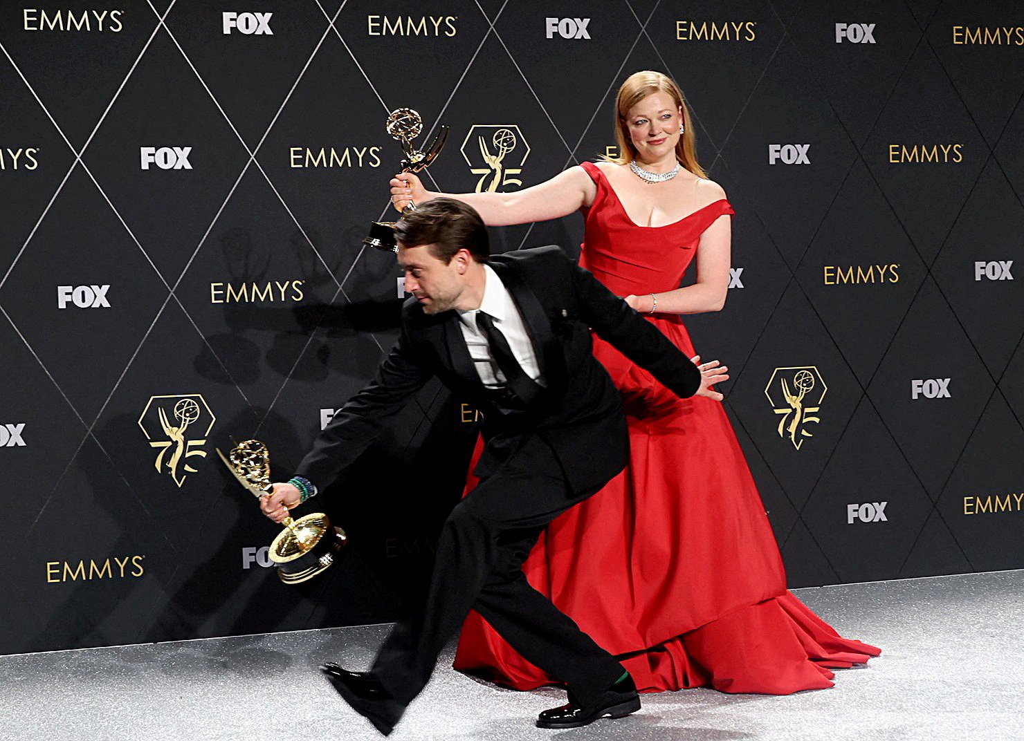 Sarah Snook and Kieran Culkin pose togetehr with the Lead Actress in a Drama Series award and the Lead Actor in a Drama Series award for "Succession", at the 75th Primetime Emmy Awards in Los Angeles, California, U.S., January 15, 2024. REUTERS