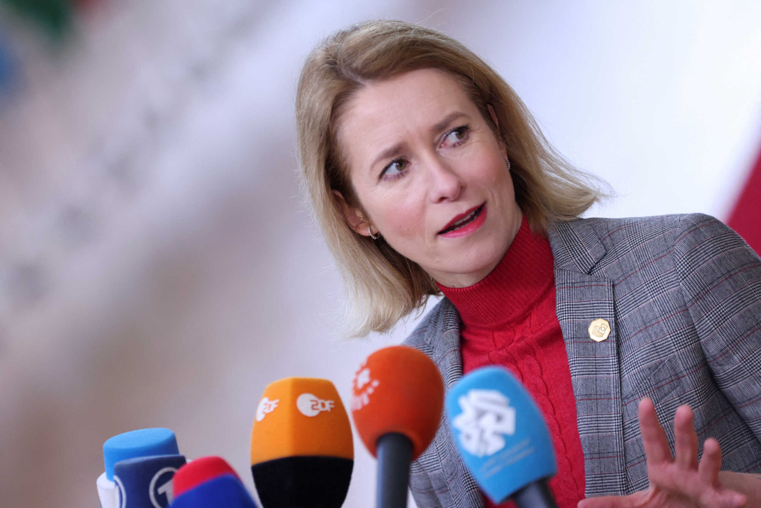 FILE PHOTO: Estonian Prime Minister Kaja Kallas speaks to the press as she attends a European Union summit in Brussels, Belgium February 1, 2024. REUTERS