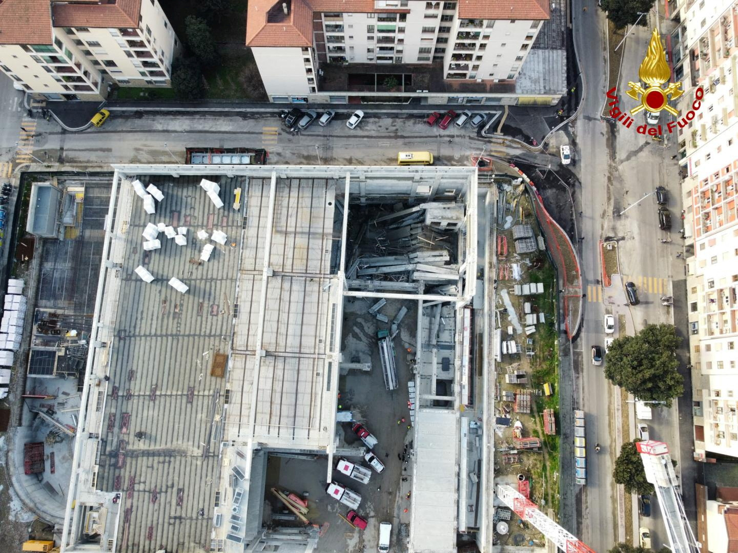 General view of a collapsed construction site in Florence, Italy February 16, 2024. Vigili del Fuoco