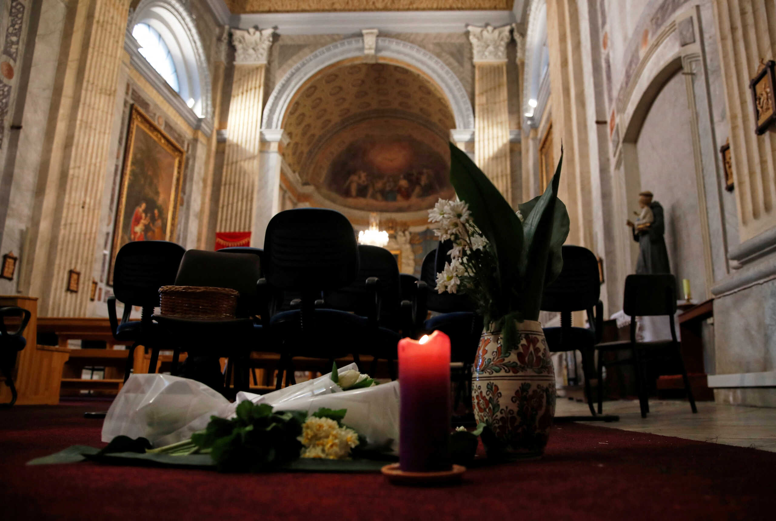 Flowers are placed inside the Italian Santa Maria Catholic Church a day after an attack during the Sunday service, in which one person was killed,  in Istanbul, Turkey January 29, 2024. REUTERS