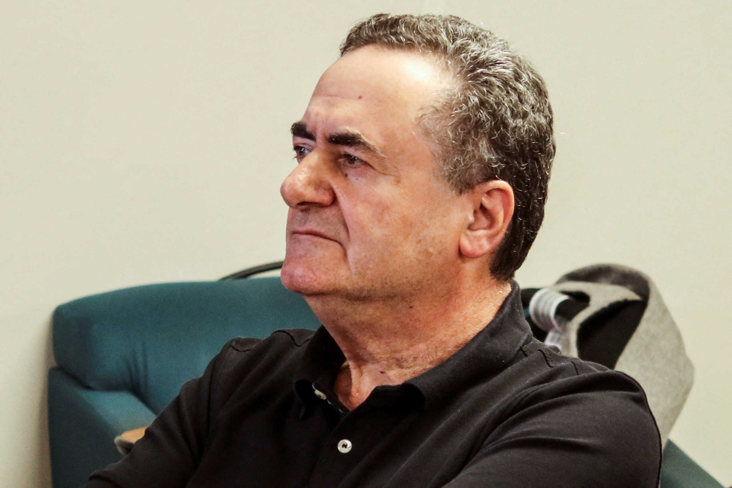FILE PHOTO: Israeli Energy Minister Israel Katz listens to a talk on the gas platform for Leviathan, Israel's largest gas field, talks, near Haifa bay, northern Israel, August 1, 2023. REUTERS