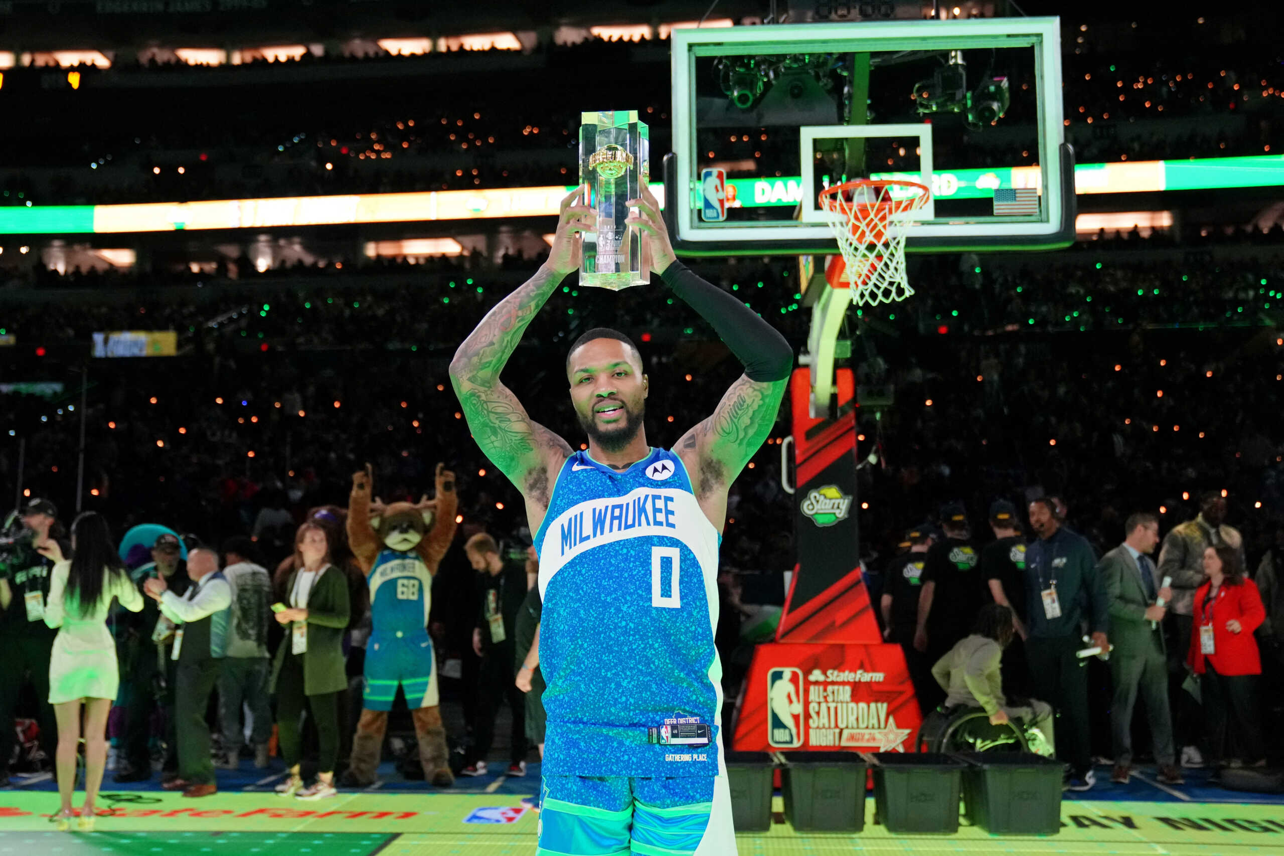Feb 17, 2024; Indianapolis, IN, USA; Milwaukee Bucks guard Damian Lilard (0) reacts after winning the three-point contest during NBA All Star Saturday Night at Lucas Oil Stadium. Mandatory Credit: Kyle Terada-USA TODAY Sports
