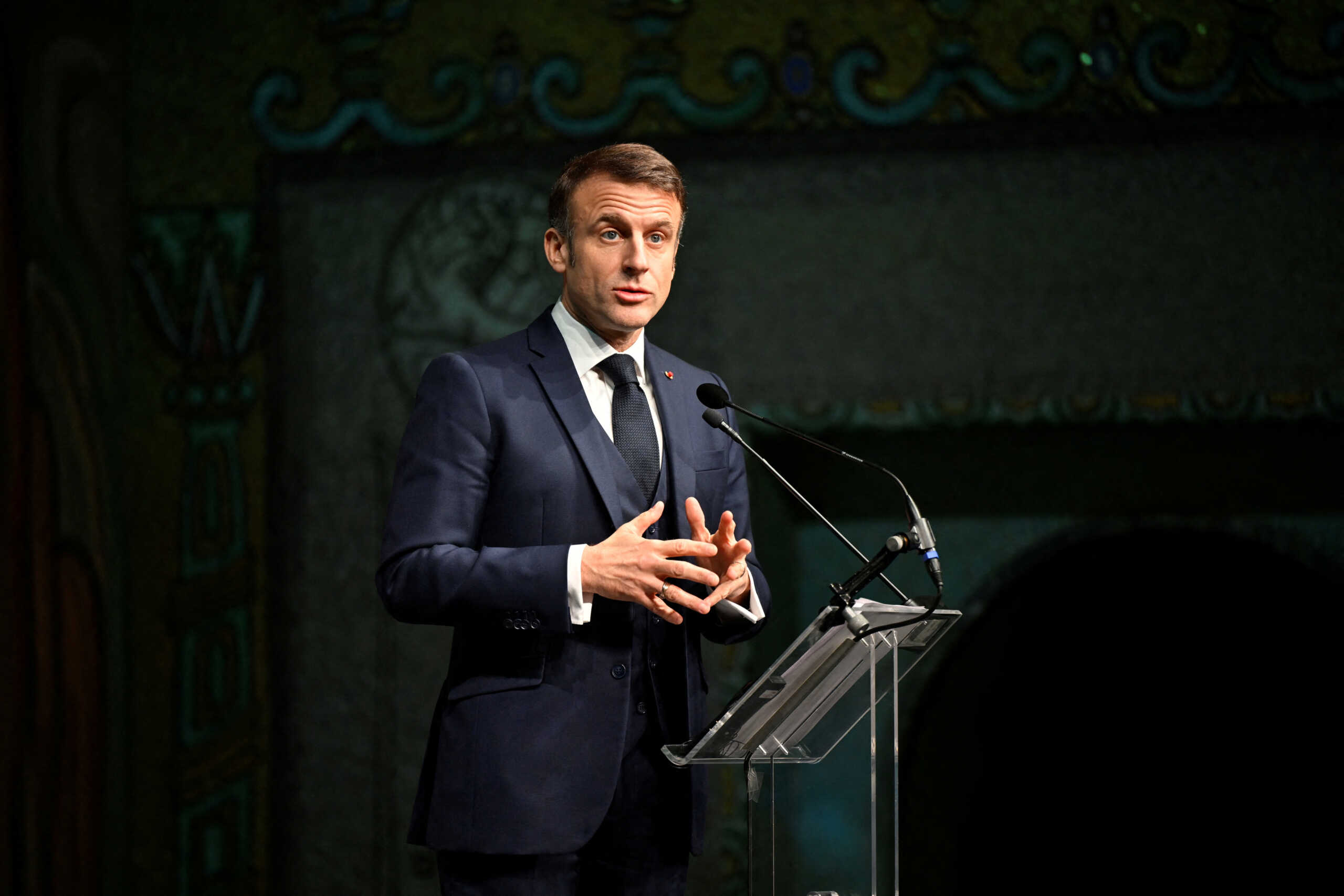 French President Emmanuel Macron speaks during a business seminar, Sweden-France Business Forum in Stockholm City Hall, Sweden, January 31, 2024. Henrik Montgomery