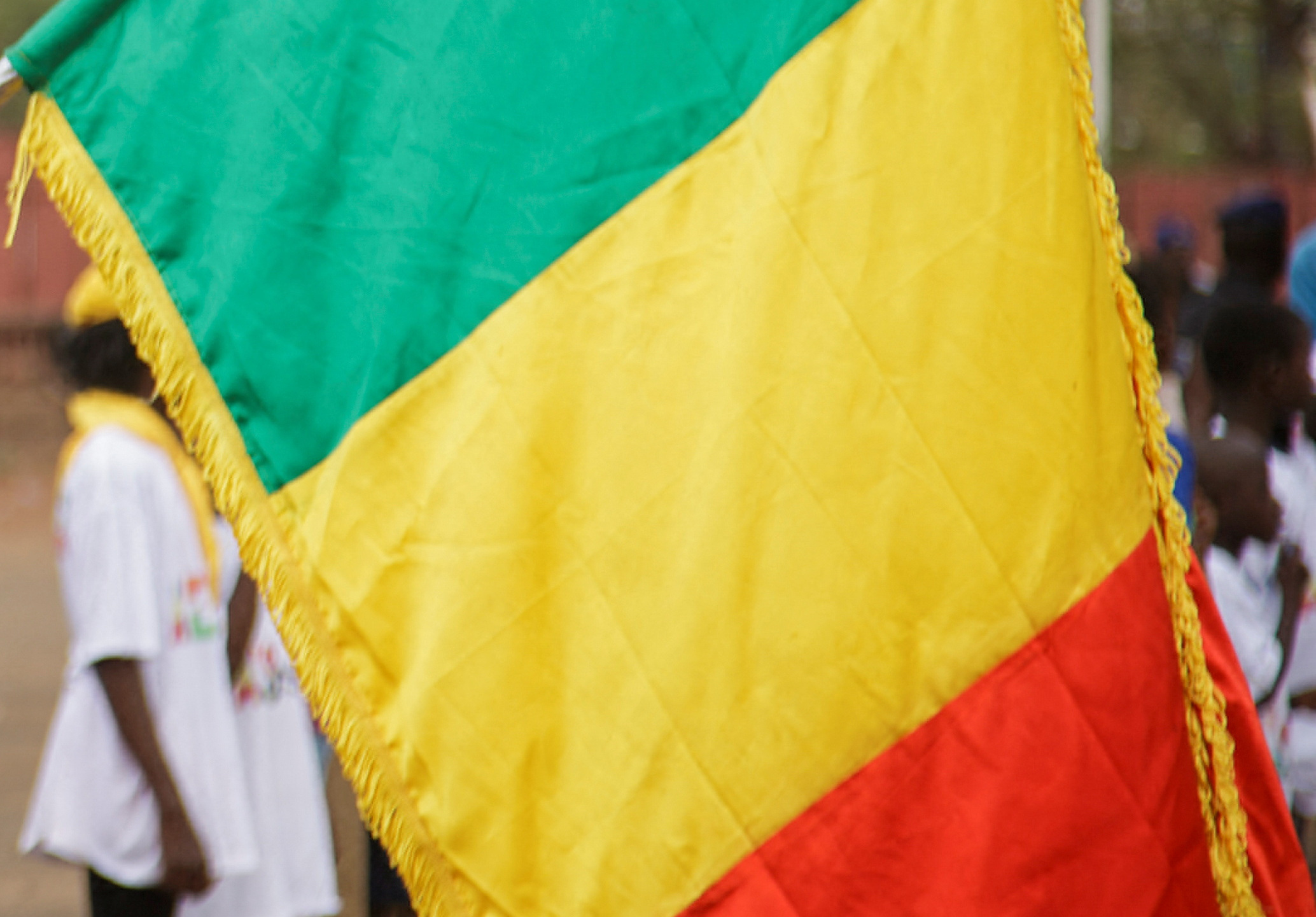 Flags of Burkina Faso, Niger and Mali are seen during a demonstration that was called by Mali's Junta to support their decision to leave the Economic Community of West African States regional bloc ''ECOWAS'', in Bamako, Mali, February 1, 2024. REUTERS