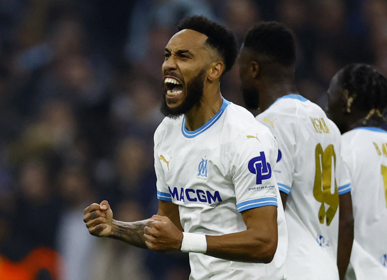 Soccer Football - Europa League - Play-Off - Second Leg - Olympique de Marseille v Shakhtar Donetsk - Stade Velodrome, Marseille, France - February 22, 2024 Olympique de Marseille's Pierre-Emerick Aubameyang celebrates scoring their first goal REUTERS