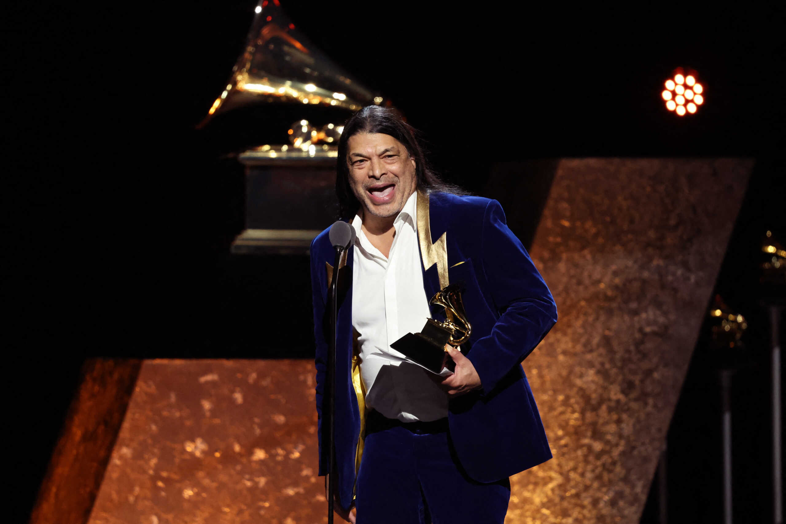 Robert Trujillo receives the award for Best Metal Performance for 72 Seasons by Metallica during the Premiere ceremony of the 66th Annual Grammy Awards in Los Angeles, California, U.S., February 4, 2024. REUTERS