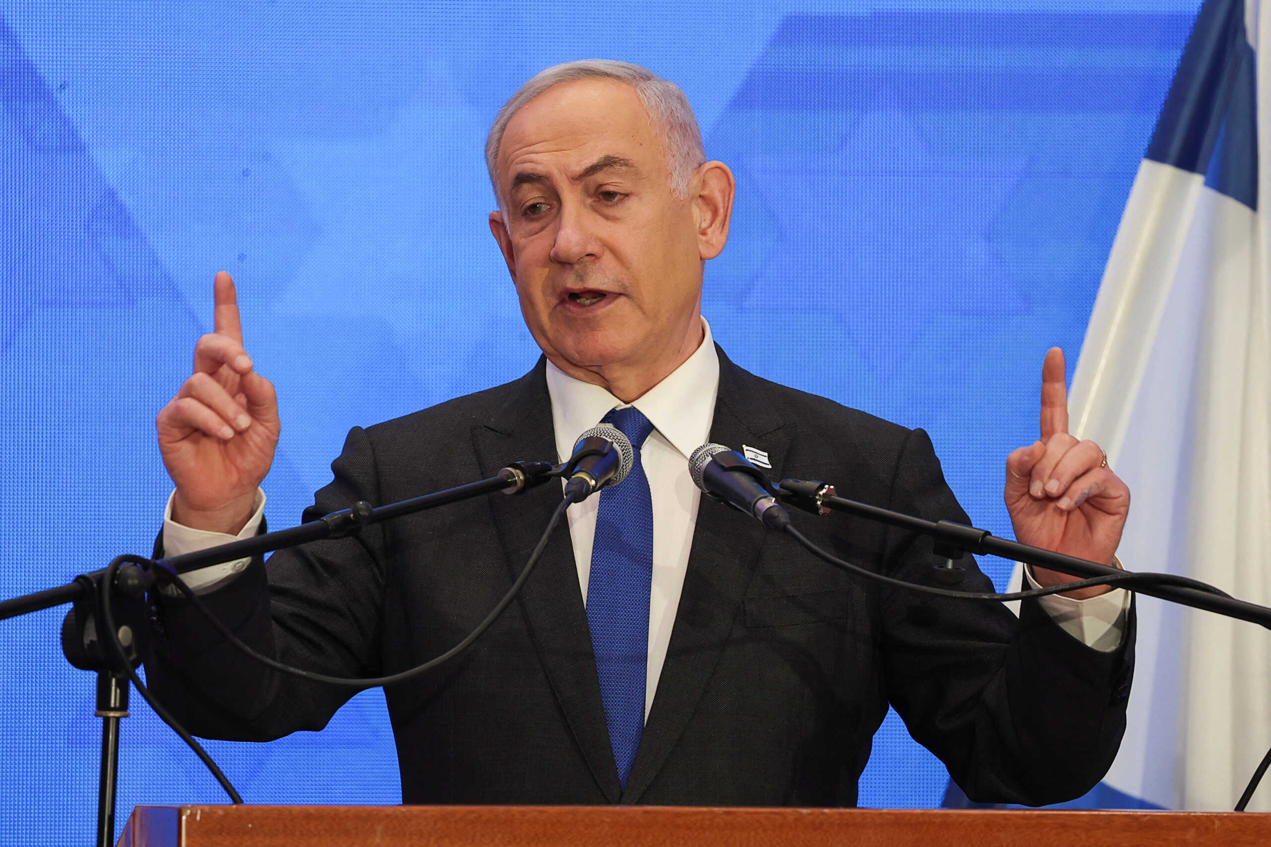 Israeli Prime Minister Benjamin Netanyahu addresses the Conference of Presidents of Major American Jewish Organizations, amid the ongoing conflict between Israel and the Palestinian Islamist group Hamas, in Jerusalem, February 18, 2024. REUTERS