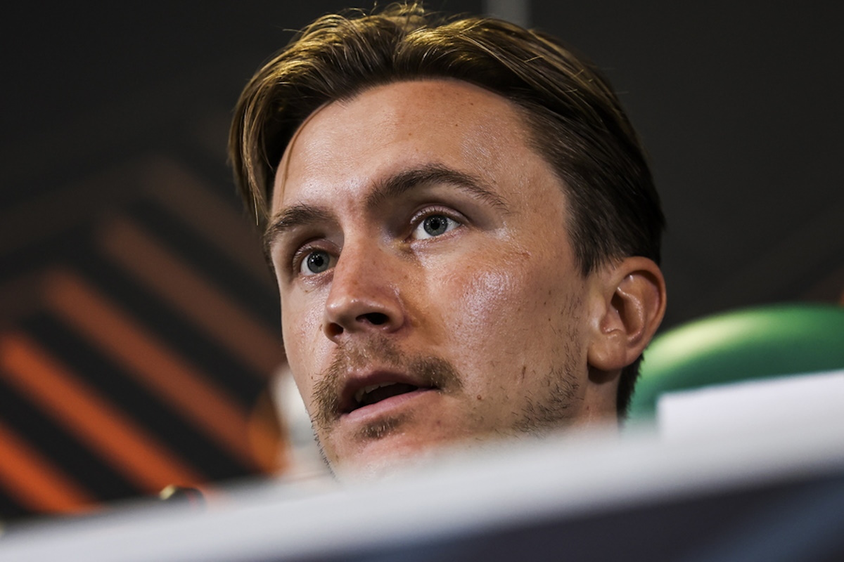 epa10468655 Midtjylland CP's player Kristoffer Olsson attends a press conference, in Lisbon, Portugal, 15 February 2023. Midtjylland will face Sporting in their UEFA Europa League play off first leg match on 16 February 2023.  EPA