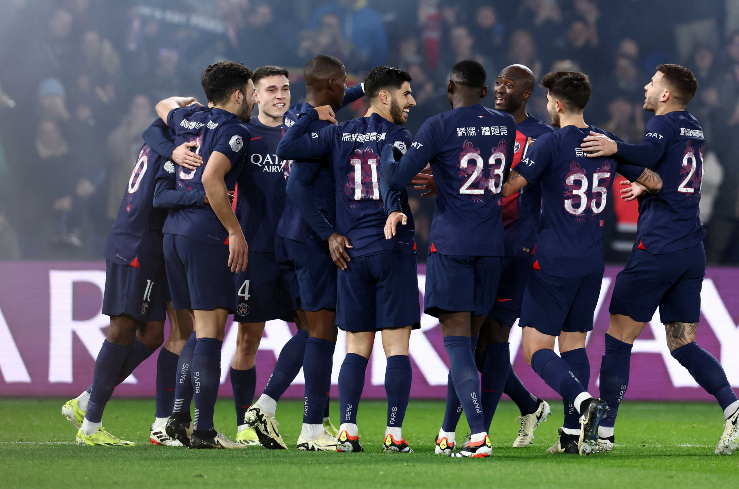 Soccer Football - Ligue 1 - Paris St Germain v Lille - Parc des Princes, Paris, France - February 10, 2024 Paris St Germain celebrate their second goal an own goal scored by Lille's Alexsandro REUTERS