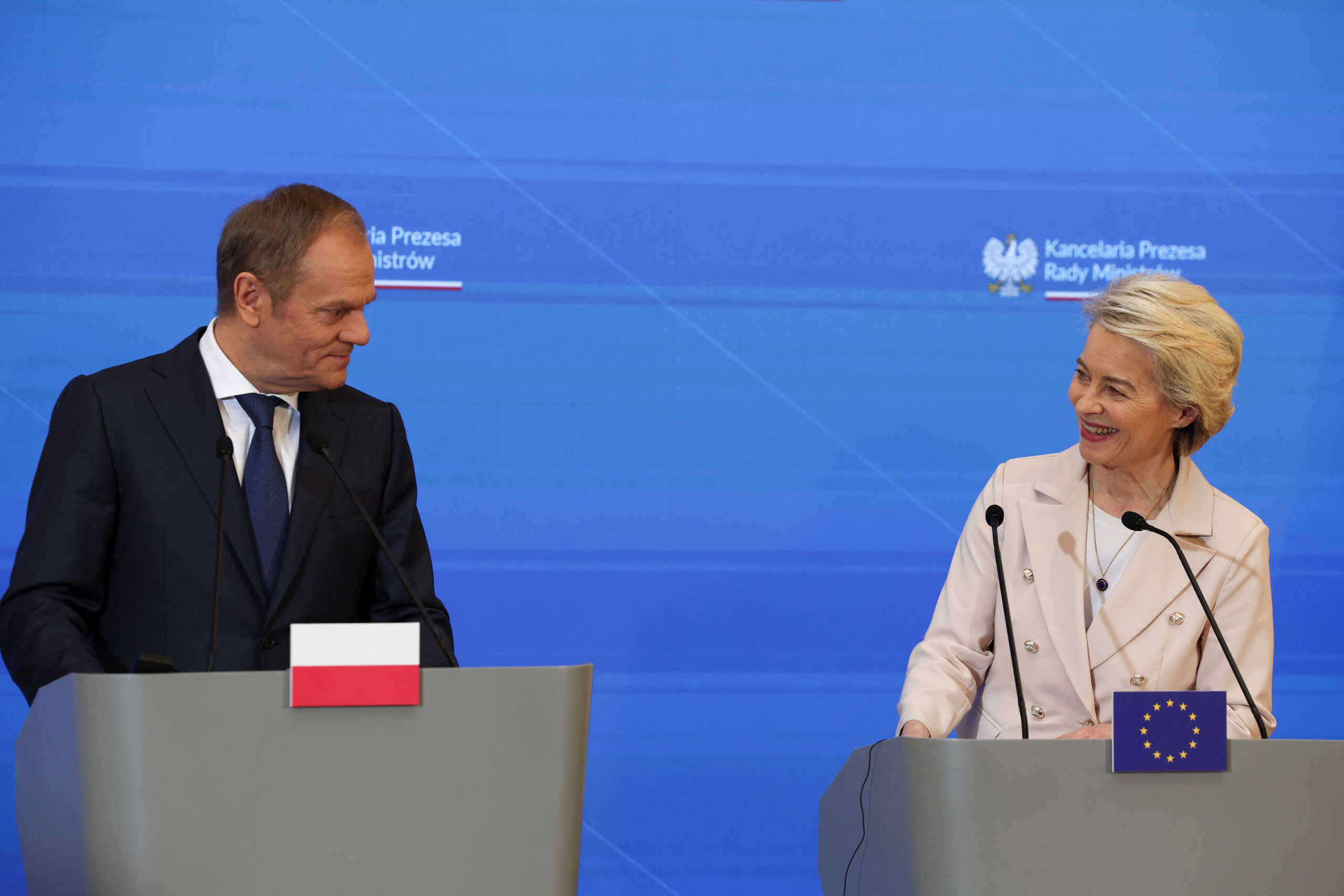 European Commission President Ursula von der Leyen and Poland's Prime Minister Donald Tusk give statements as they meet at the Chancellery of the Prime Minister in Warsaw, Poland, February 23, 2024. REUTERS