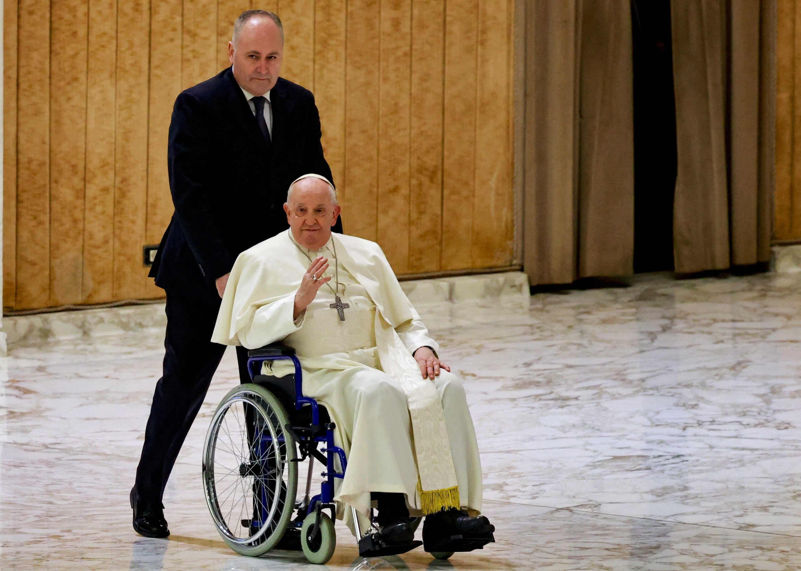 Pope Francis arrives for the weekly general audience, in Paul VI hall at the Vatican, February 28, 2024. REUTERS