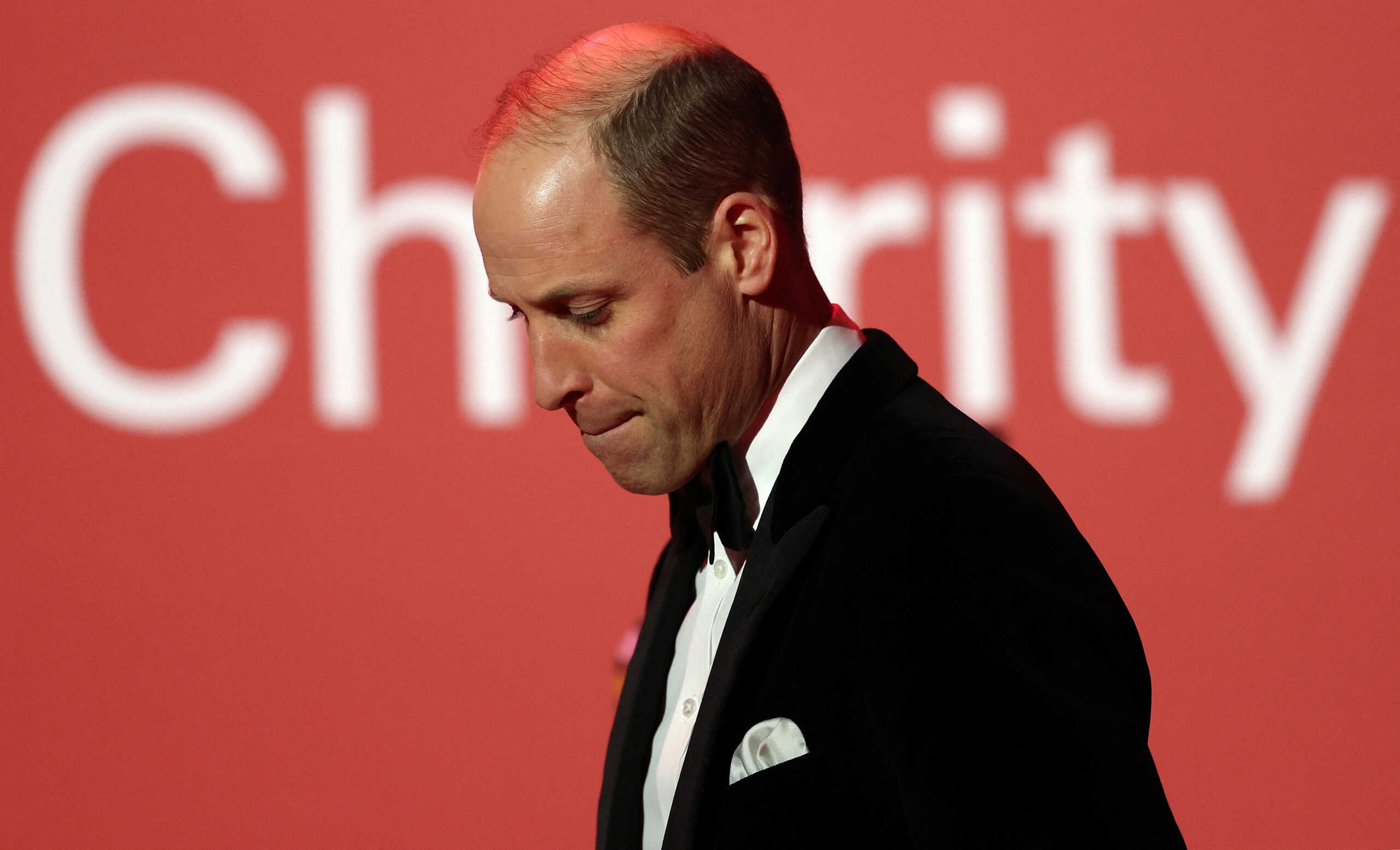Britain's Prince William, Prince of Wales, leaves the stage after delivering a speech during the London's Air Ambulance Charity Gala Dinner at The OWO, in central London, Britain, February 7, 2024.     Daniel Leal