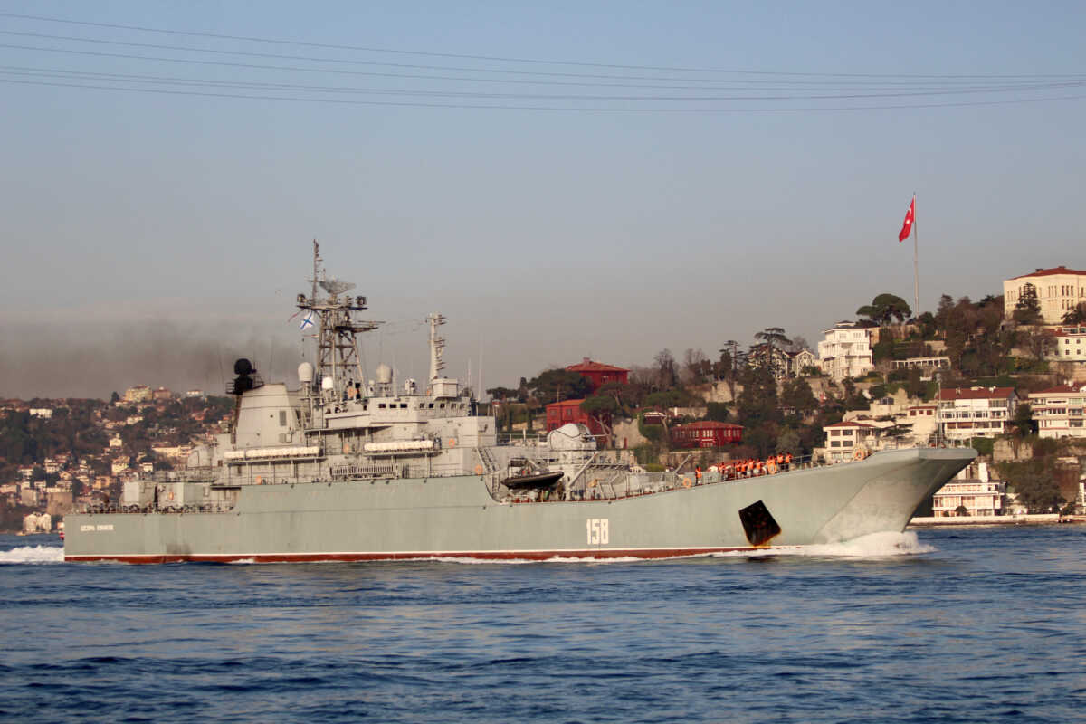 FILE PHOTO: The Russian Navy's large landing ship Caesar Kunikov sets sail in the Bosphorus, on its way to the Mediterranean Sea, in Istanbul, Turkey, March 4, 2020. REUTERS