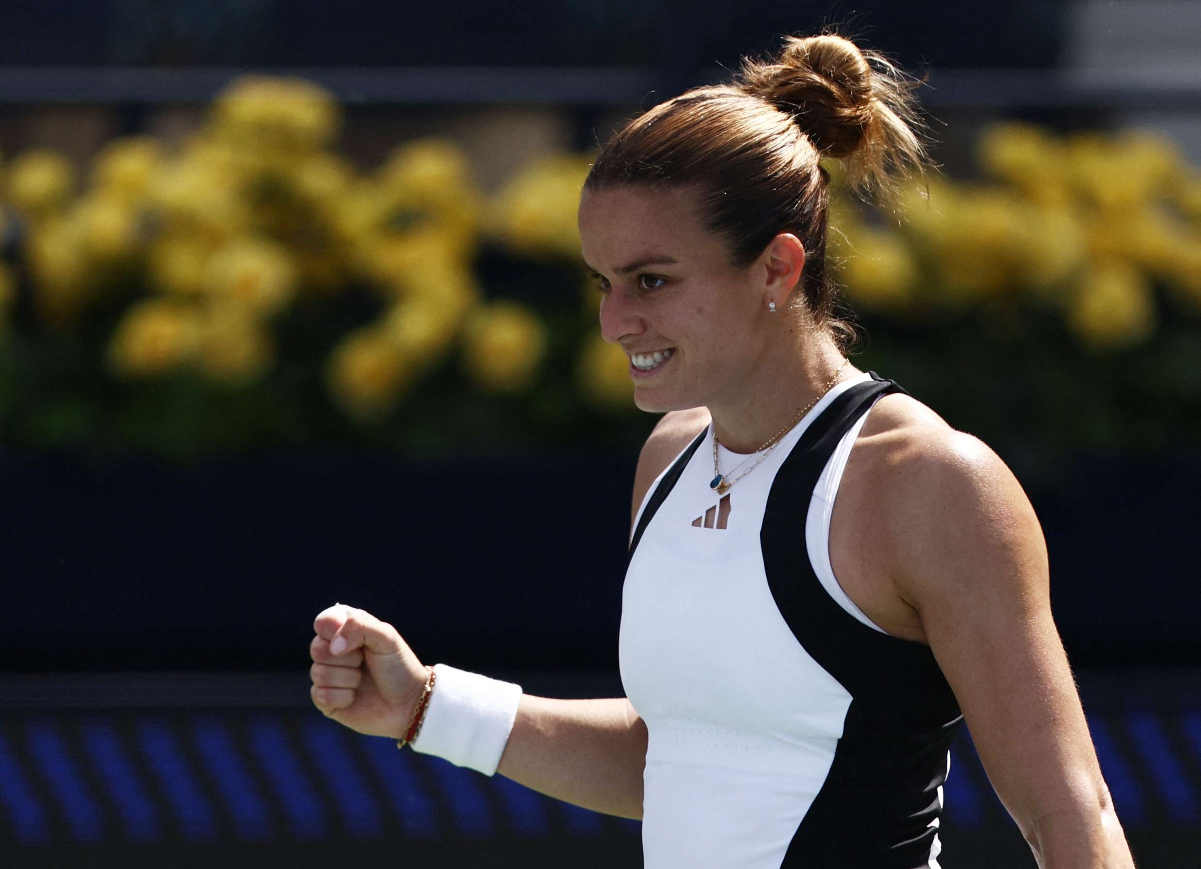 Tennis - WTA 1000 - Dubai Tennis Championships - Dubai Duty Free Tennis Centre, Dubai, United Arab Emirates - February 20, 2024 Greece's Maria Sakkari celebrates winning her round of 32 match against Emma Navarro of the U.S. REUTERS