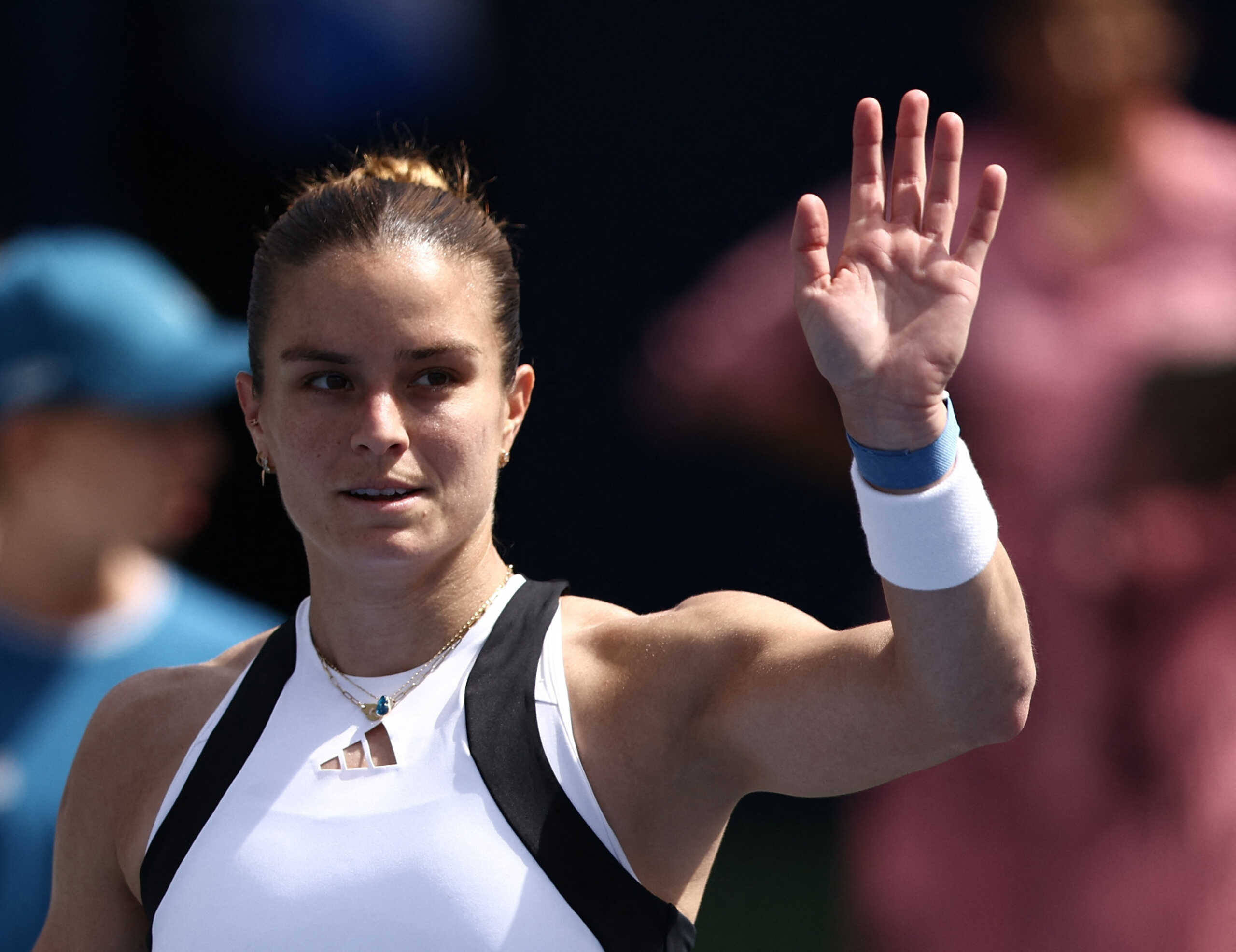 Tennis - WTA 1000 - Dubai Tennis Championships - Dubai Duty Free Tennis Centre, Dubai, United Arab Emirates - February 20, 2024 Greece's Maria Sakkari celebrates winning her round of 32 match against Emma Navarro of the U.S. REUTERS