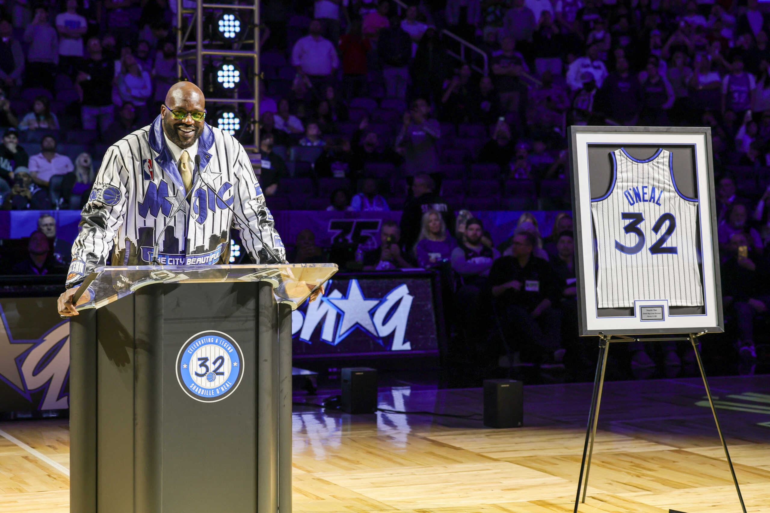 Feb 13, 2024; Orlando, Florida, USA;  Shaquille O'Neal during a post game ceremony where the Orlando Magic retired his #32 jersey at Amway Center. Mandatory Credit: Mike Watters-USA TODAY Sports