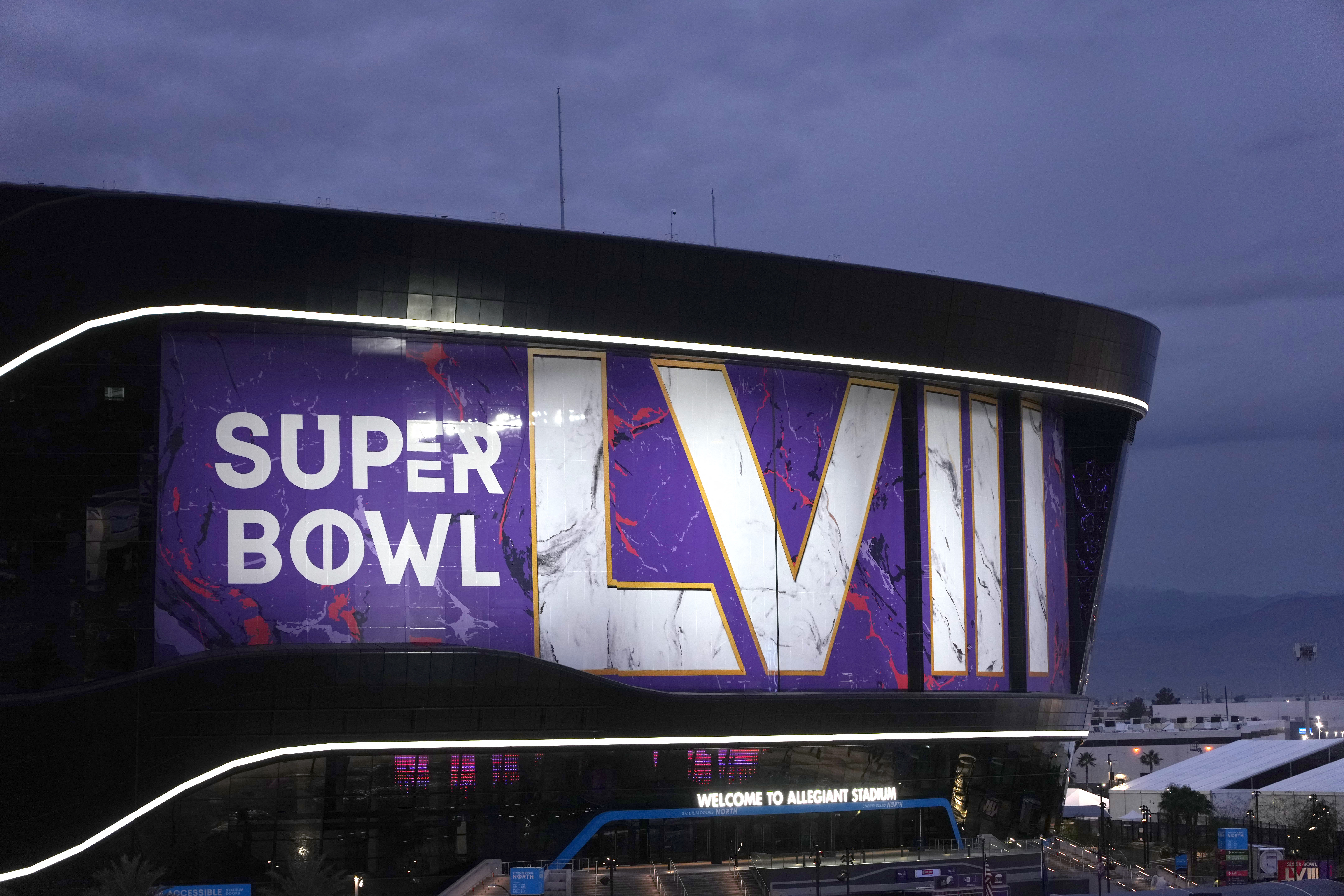 Feb 6, 2024; Las Vegas, NV, USA; A general overall view of the Super Bowl 58 roman numerals logo on the Allegiant Stadium facade. Mandatory Credit: Kirby Lee-USA TODAY Sports