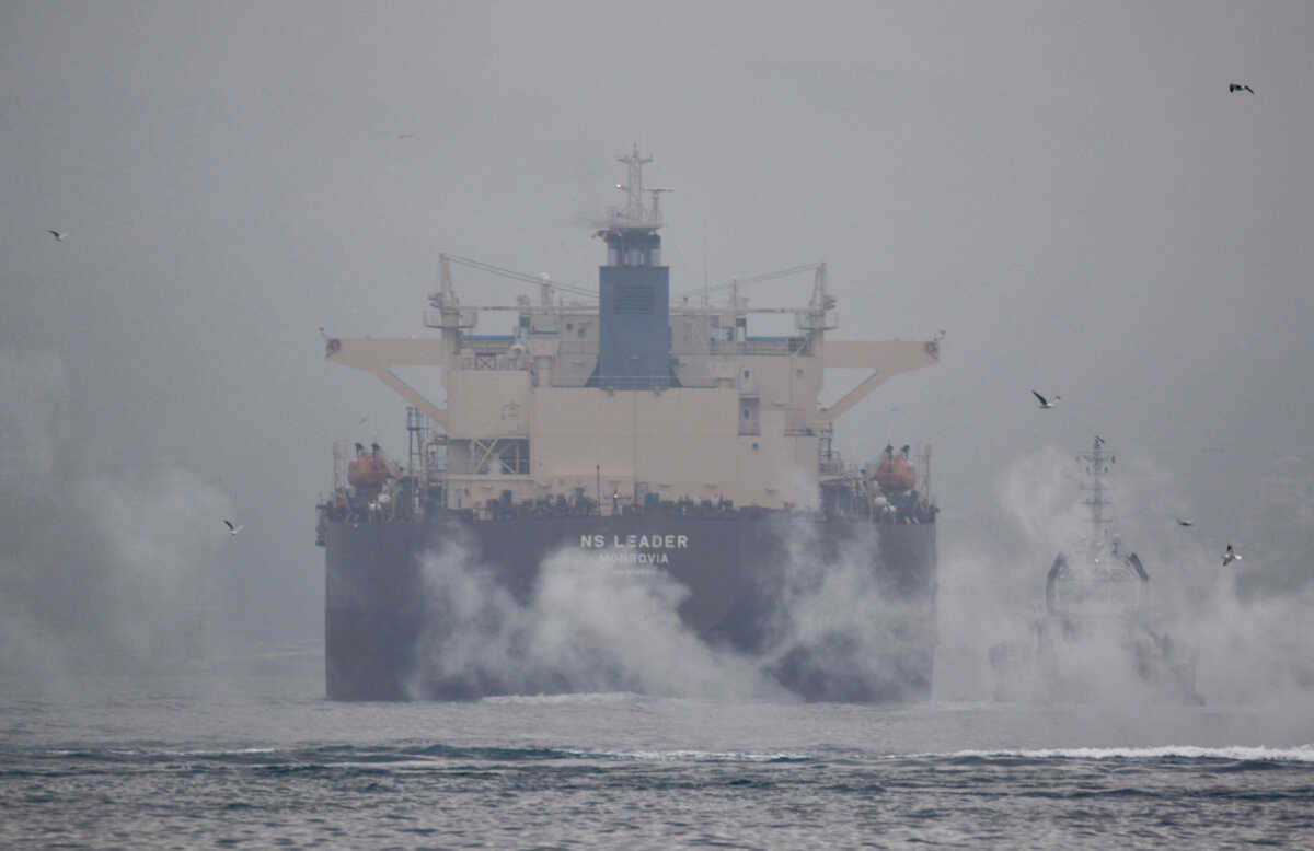 Former Liberia-registered oil tanker NS Leader, which now sails under the flag of Gabon, transits the Bosphorus in Istanbul, Turkey January 2, 2024. REUTERS