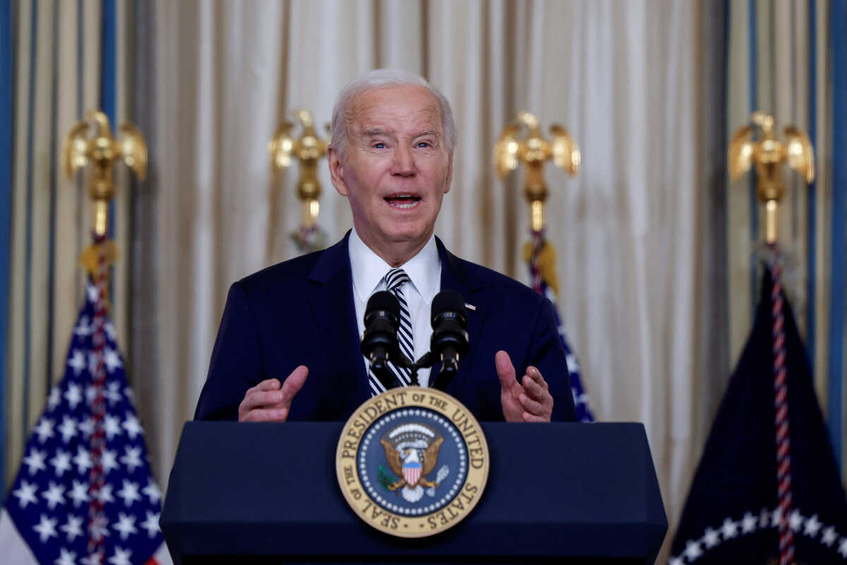 U.S. President Joe Biden delivers remarks ahead of a meeting with his Task Force on Reproductive Healthcare Access to mark the 51st anniversary of the landmark Roe v. Wade decision, in the State Dining Room at the White House in Washington, U.S., January 22, 2024. REUTERS
