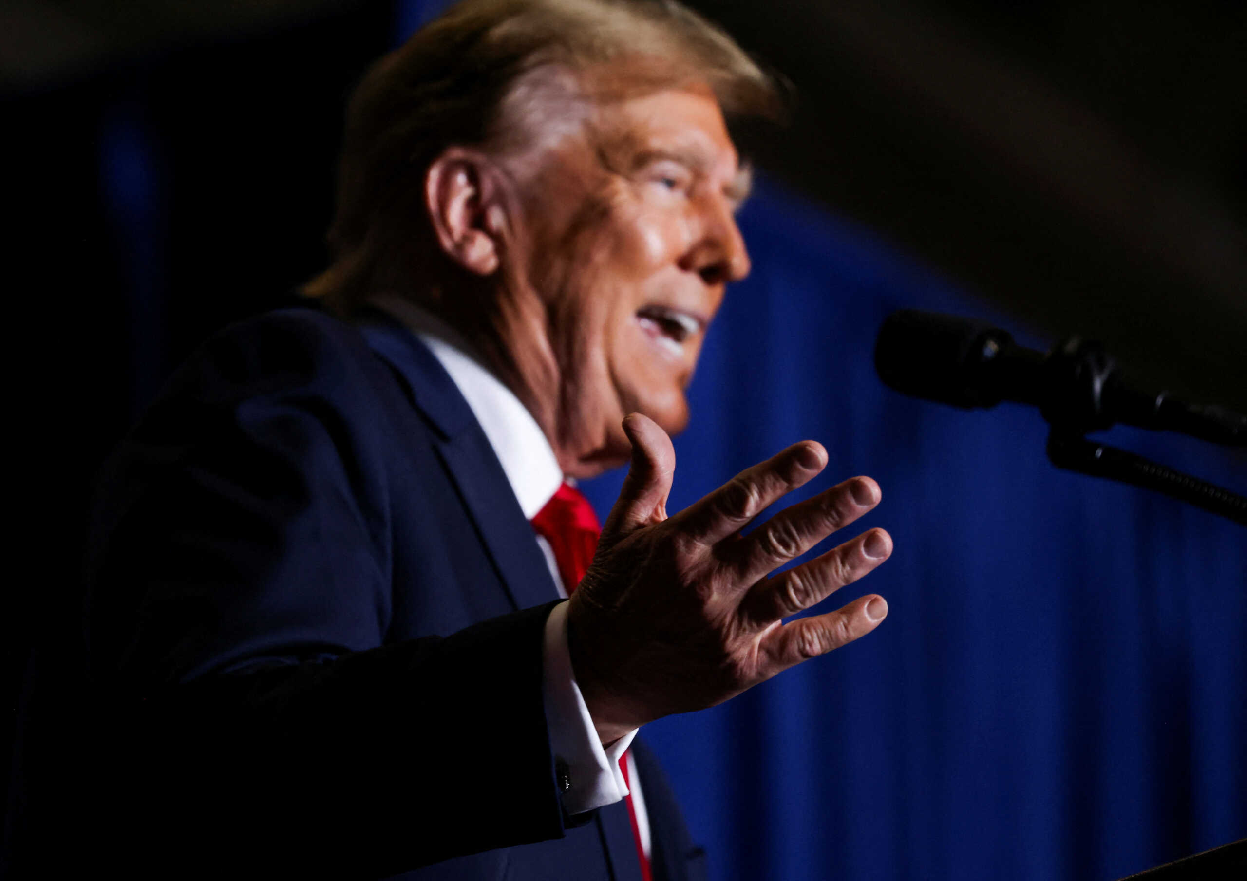 Republican presidential candidate and former U.S. President Donald Trump speaks at a campaign event ahead of the Republican presidential primary election in North Charleston, South Carolina, U.S., February 14, 2024. REUTERS