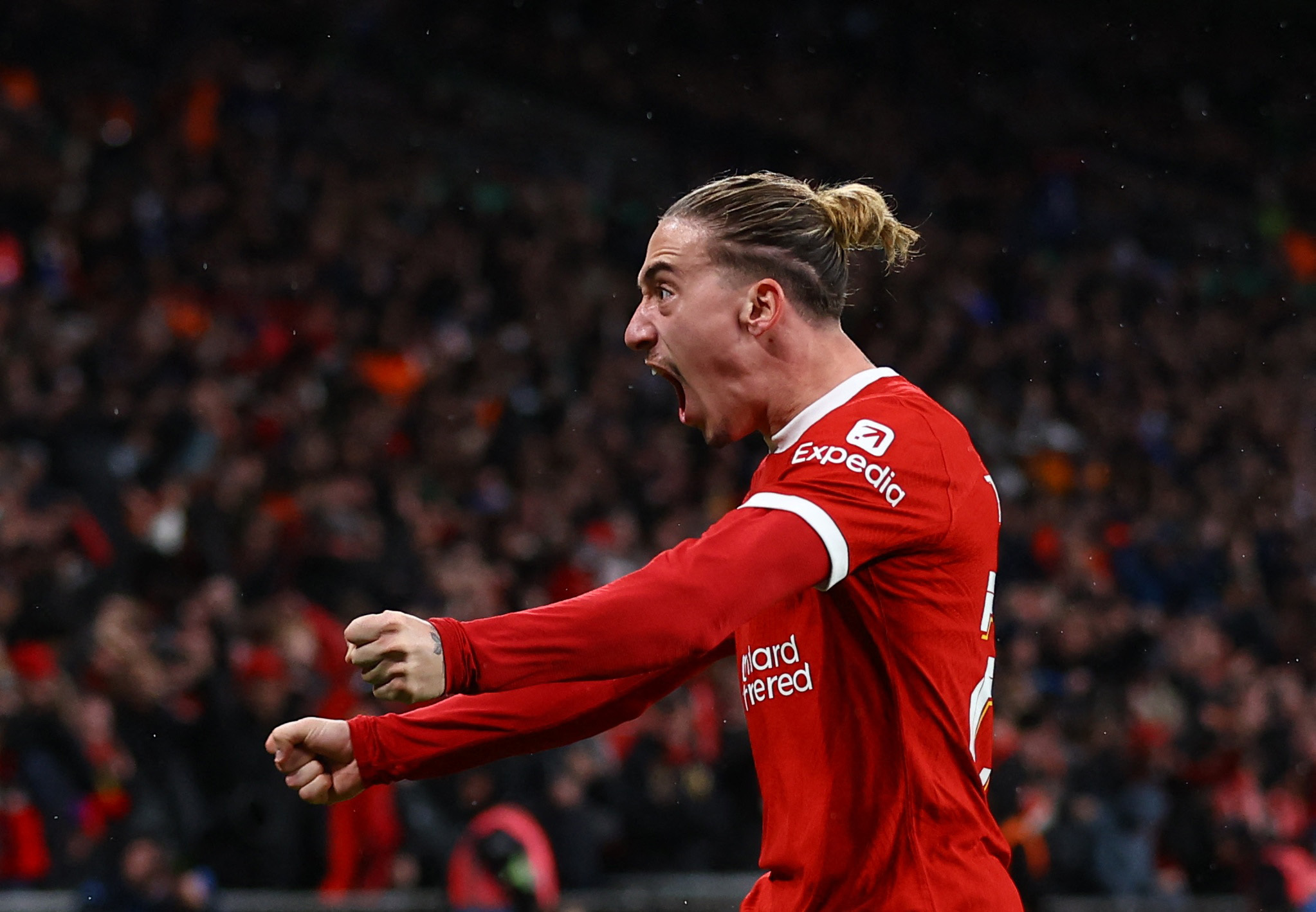 Soccer Football - Carabao Cup - Final - Chelsea v Liverpool - Wembley Stadium, London, Britain - February 25, 2024 Liverpool's Kostas Tsimikas celebrates after Virgil van Dijk scored their first goal Action Images via Reuters