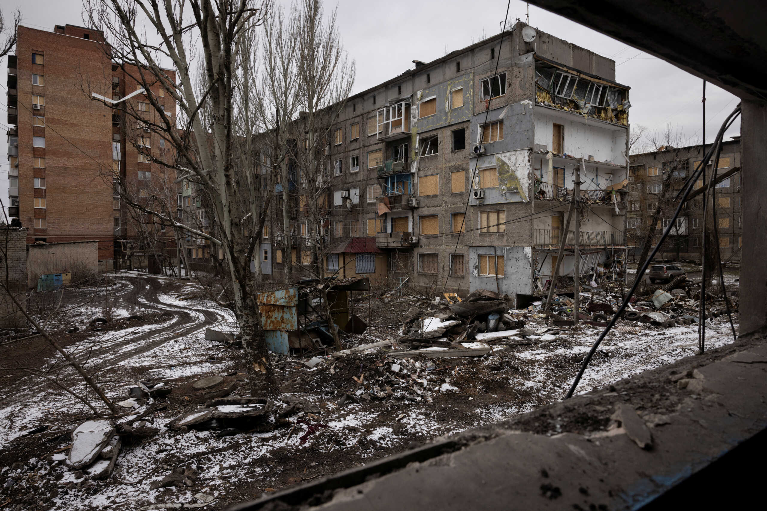 Damaged apartment blocks that were destroyed in a Russian missile strike are seen, amid Russia’s attack on Ukraine, in Selydove near Avdiivka, Ukraine, February 19, 2024. REUTERS