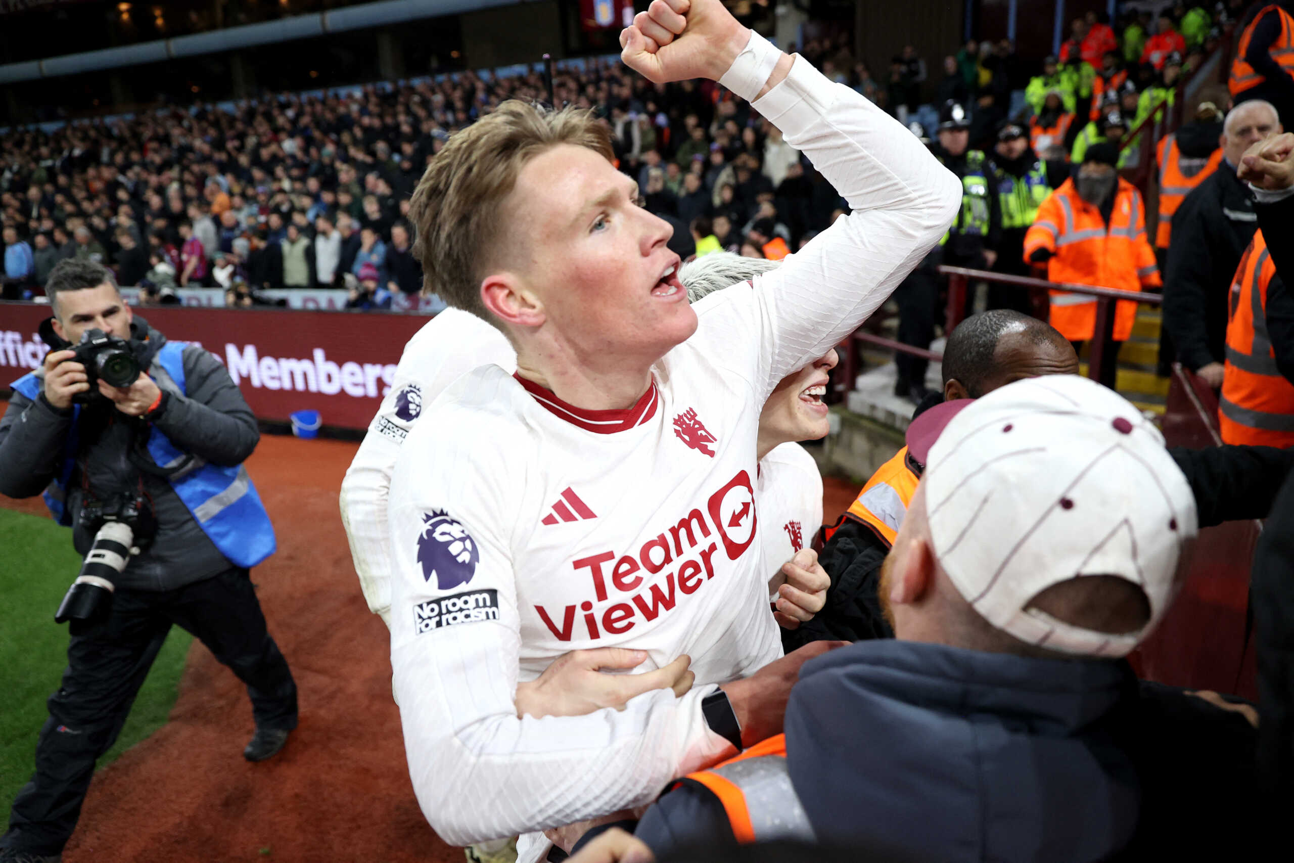 Soccer Football - Premier League - Aston Villa v Manchester United - Villa Park, Birmingham, Britain - February 11, 2024 Manchester United's Scott McTominay celebrates scoring their second goal with Alejandro Garnacho REUTERS