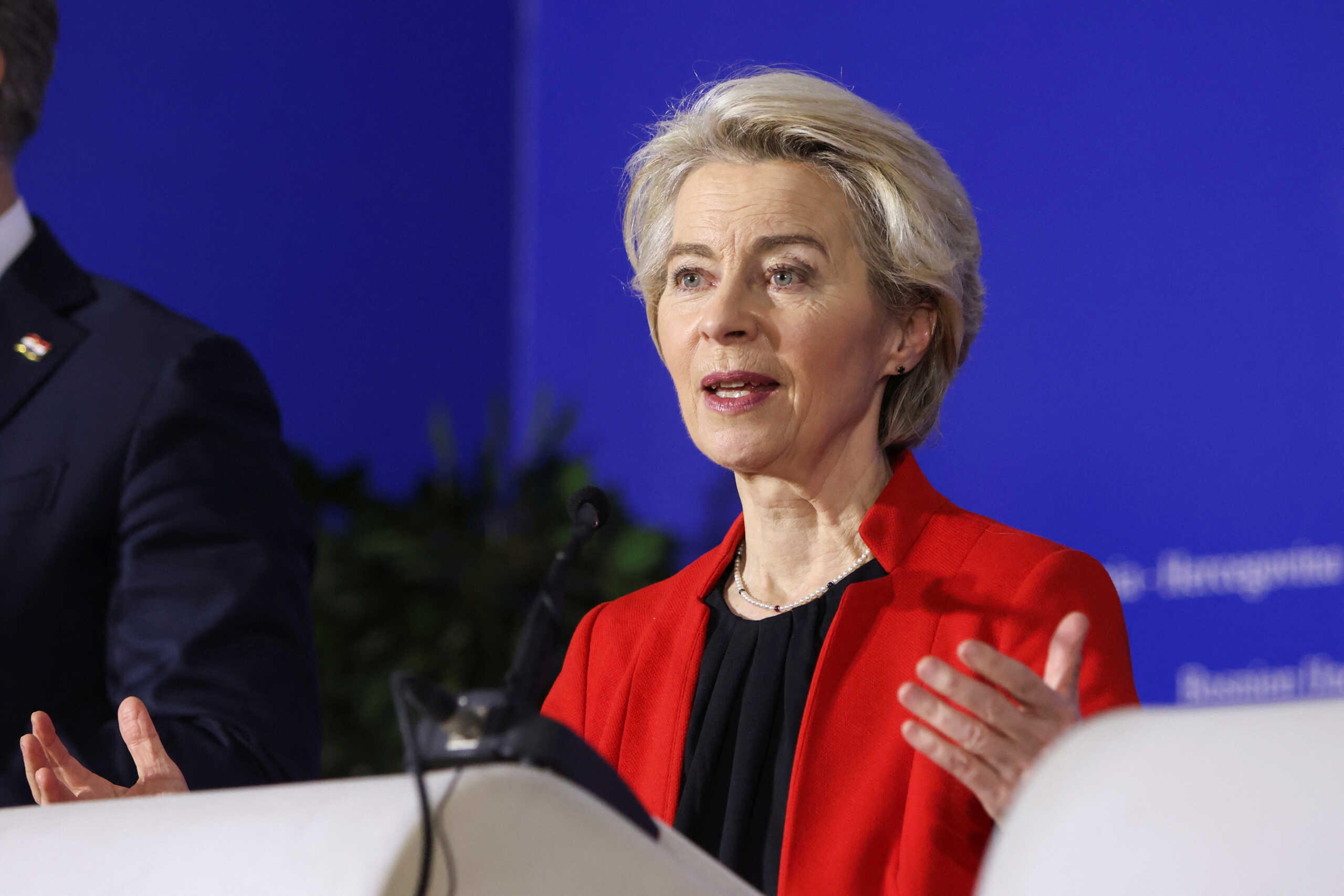 European Commission President Ursula von der Leyen, addresses journalists during a visit to Sarajevo, Bosnia and Herzegovina, January 23, 2024. REUTERS