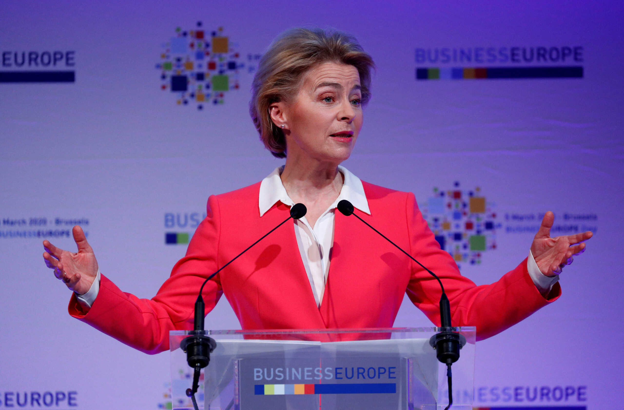 FILE PHOTO: European Commission President Ursula von der Leyen delivers a speech at BusinessEurope conference in Brussels, Belgium March 5, 2020. REUTERS