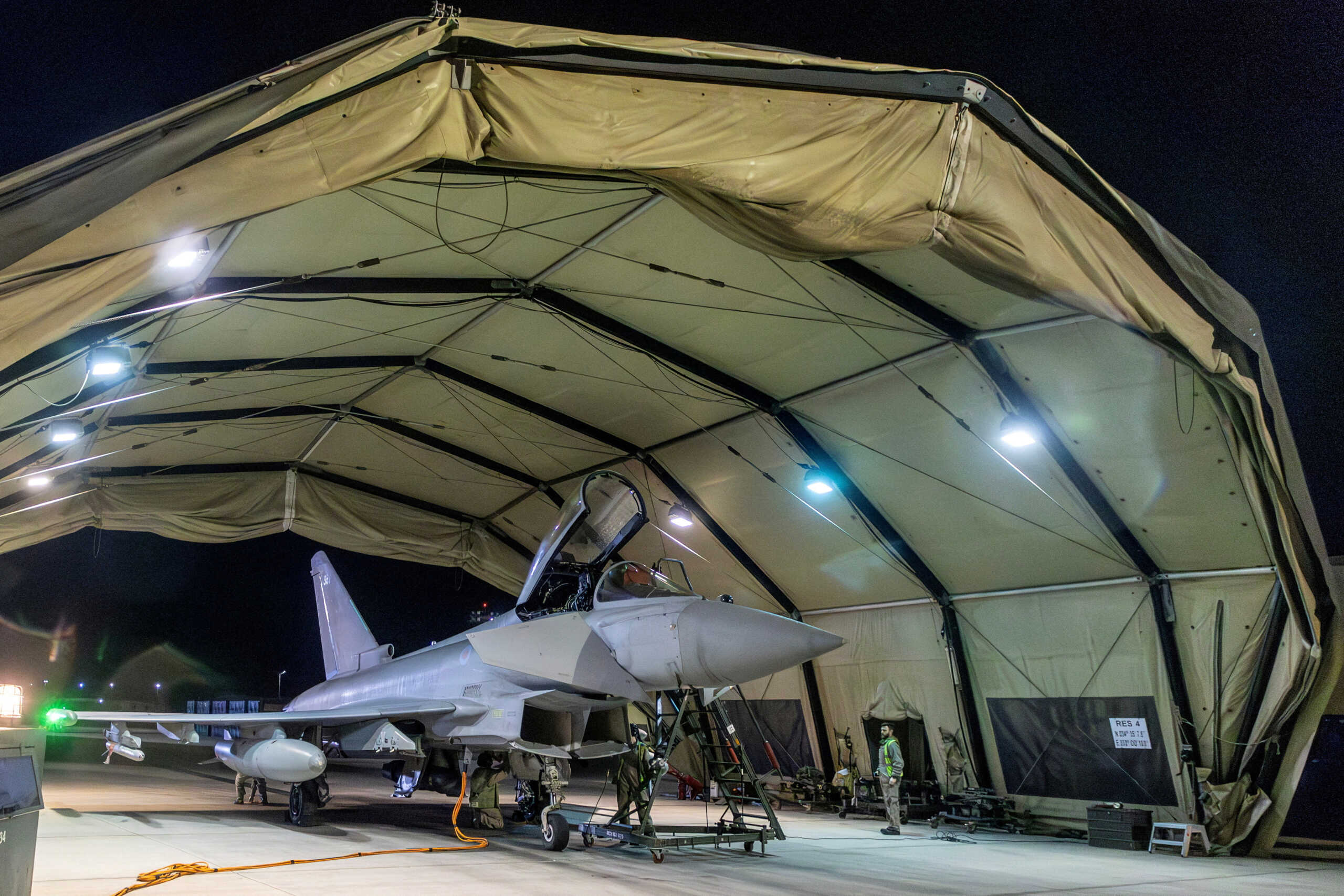 RAF Typhoon aircraft is pictured at RAF Akrotiri following its return after striking military targets in Yemen during the U.S.-led coalition operation, aimed at the Iran-backed Houthi militia that has been targeting international shipping in the Red Sea, in Cyprus, in this handout picture released on January 12, 2024.   Sgt Lee Goddard