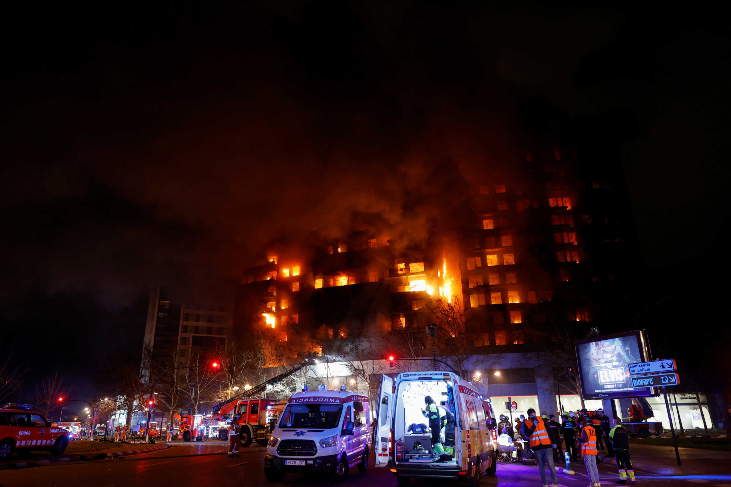 Emergency services work at the scene of a fire of apartment building in Valencia, Spain February 22, 2024. REUTERS