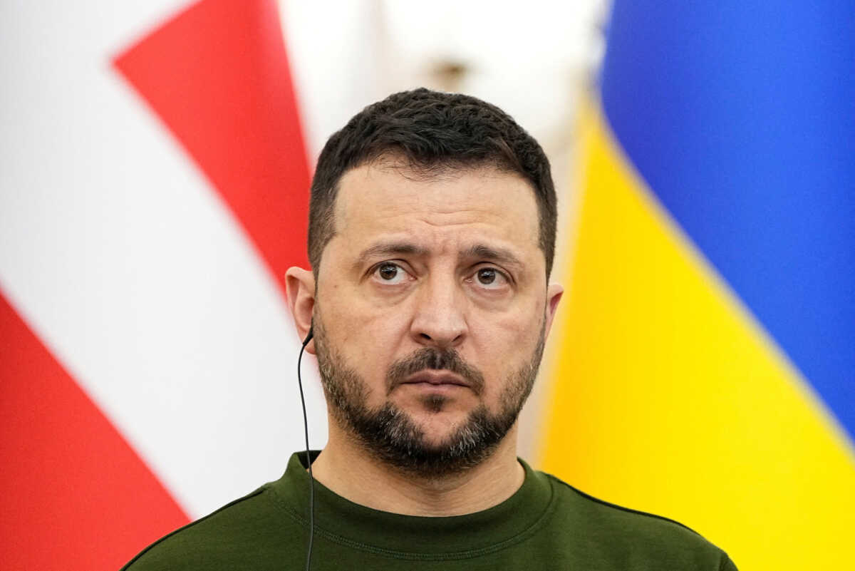 Ukrainian President Volodymyr Zelenskiy looks on during a press conference with Danish Prime Minister Mette Frederiksen after their meeting at Potocki Palace in Lviv, Ukraine Friday 23 February 2024.   Ritzau Scanpix