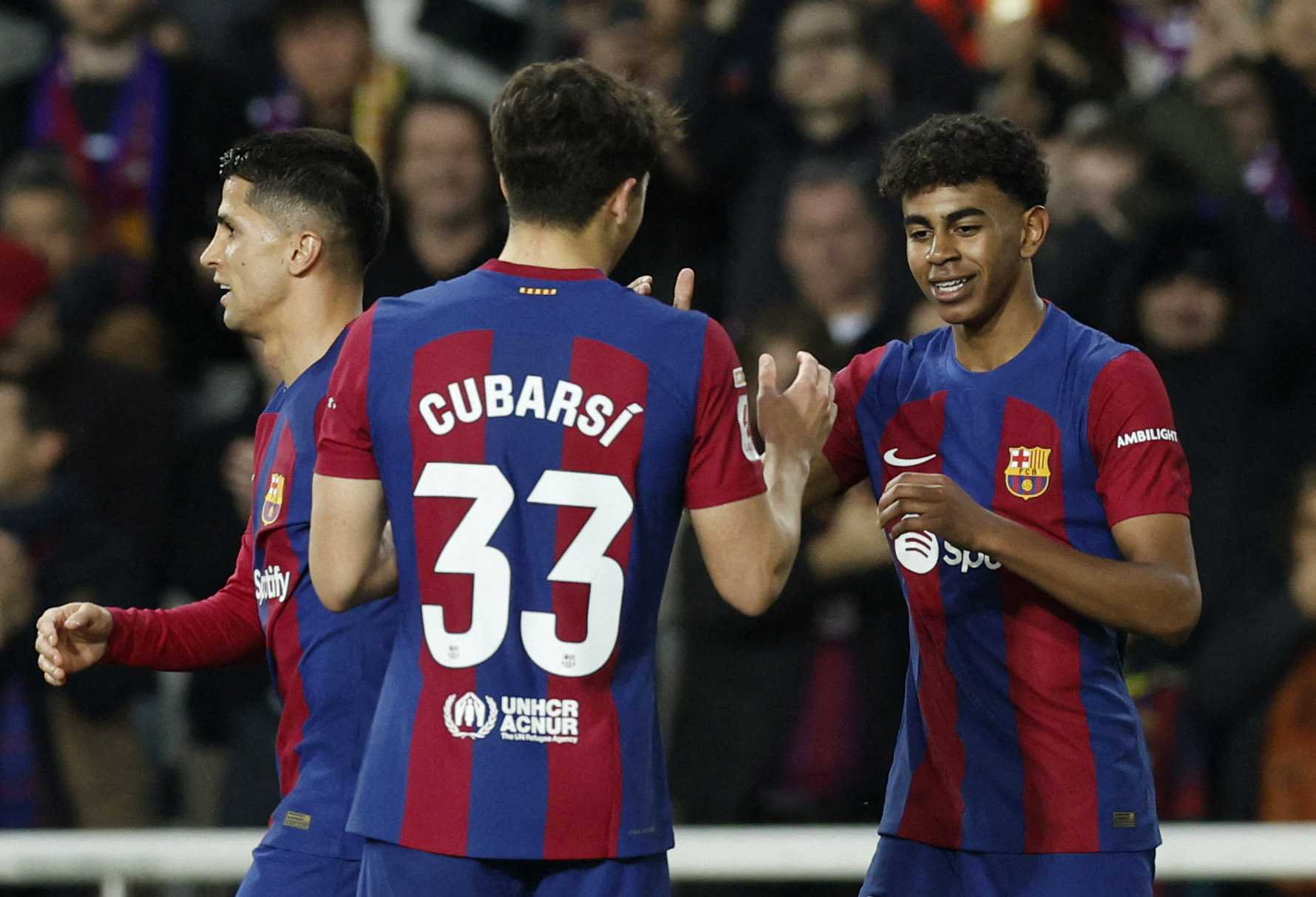 Soccer Football - LaLiga - FC Barcelona v RCD Mallorca - Estadi Olimpic Lluis Companys, Barcelona, Spain - March 8, 2024 FC Barcelona's Lamine Yamal celebrates scoring their first goal with Pau Cubarsi REUTERS