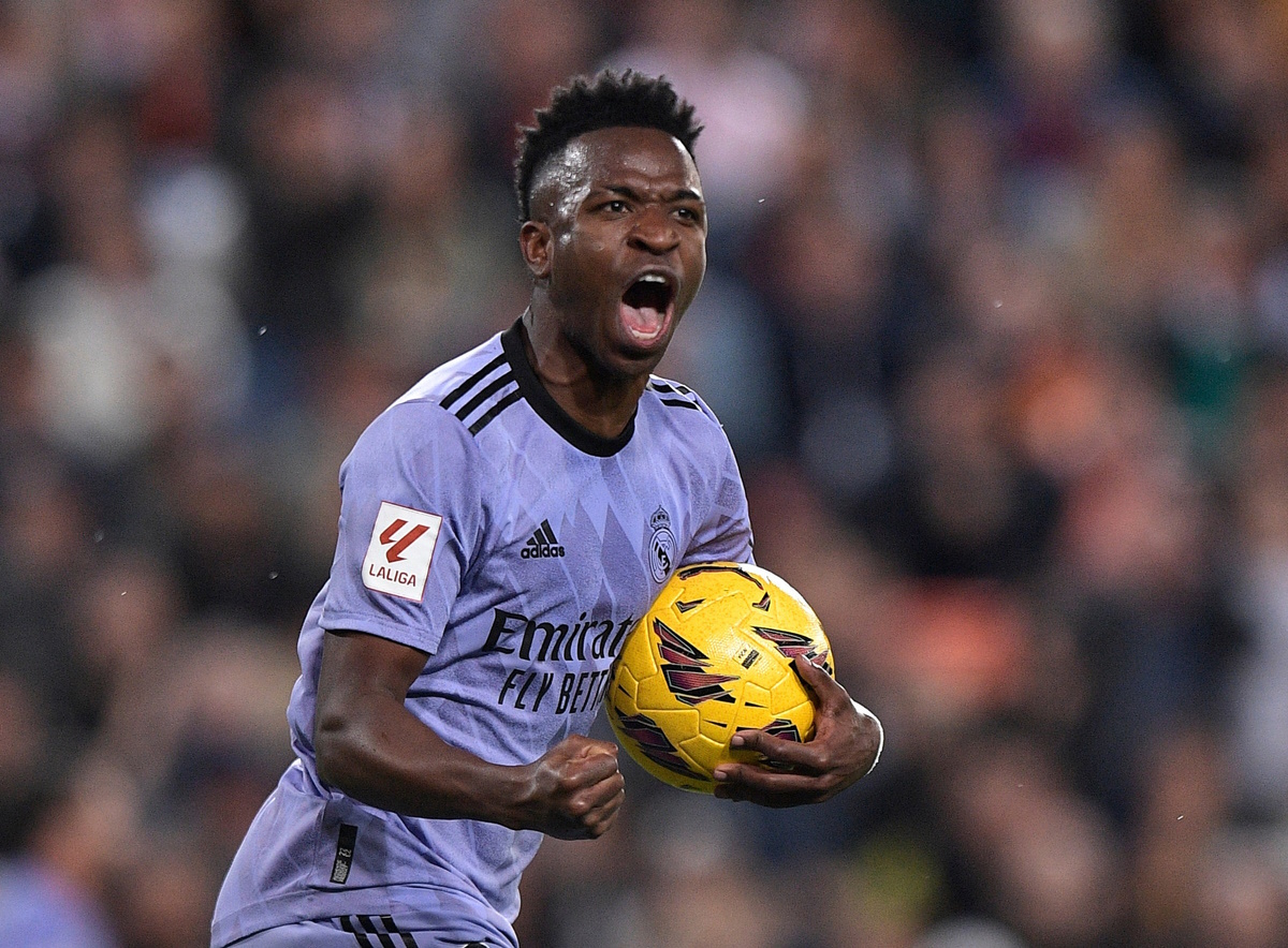 Soccer Football - LaLiga - Valencia v Real Madrid - Mestalla, Valencia, Spain - March 2, 2024 Real Madrid's Vinicius Junior celebrates scoring their first goal REUTERS