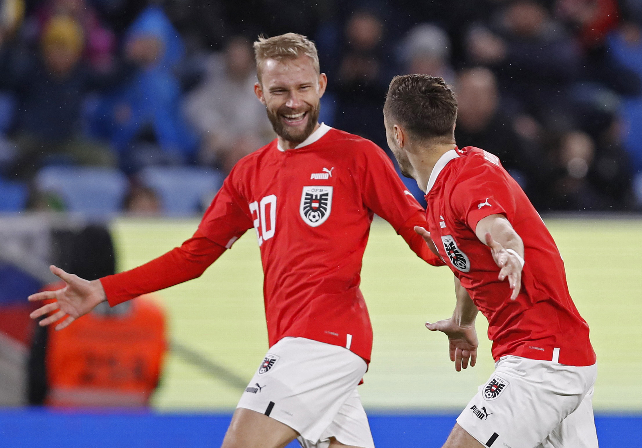 Soccer Football - International Friendly - Slovakia v Austria - Tehelne pole, Bratislava, Slovakia - March 23, 2024 Austria's Christoph Baumgartner celebrates scoring their first goal with Konrad Laimer REUTERS