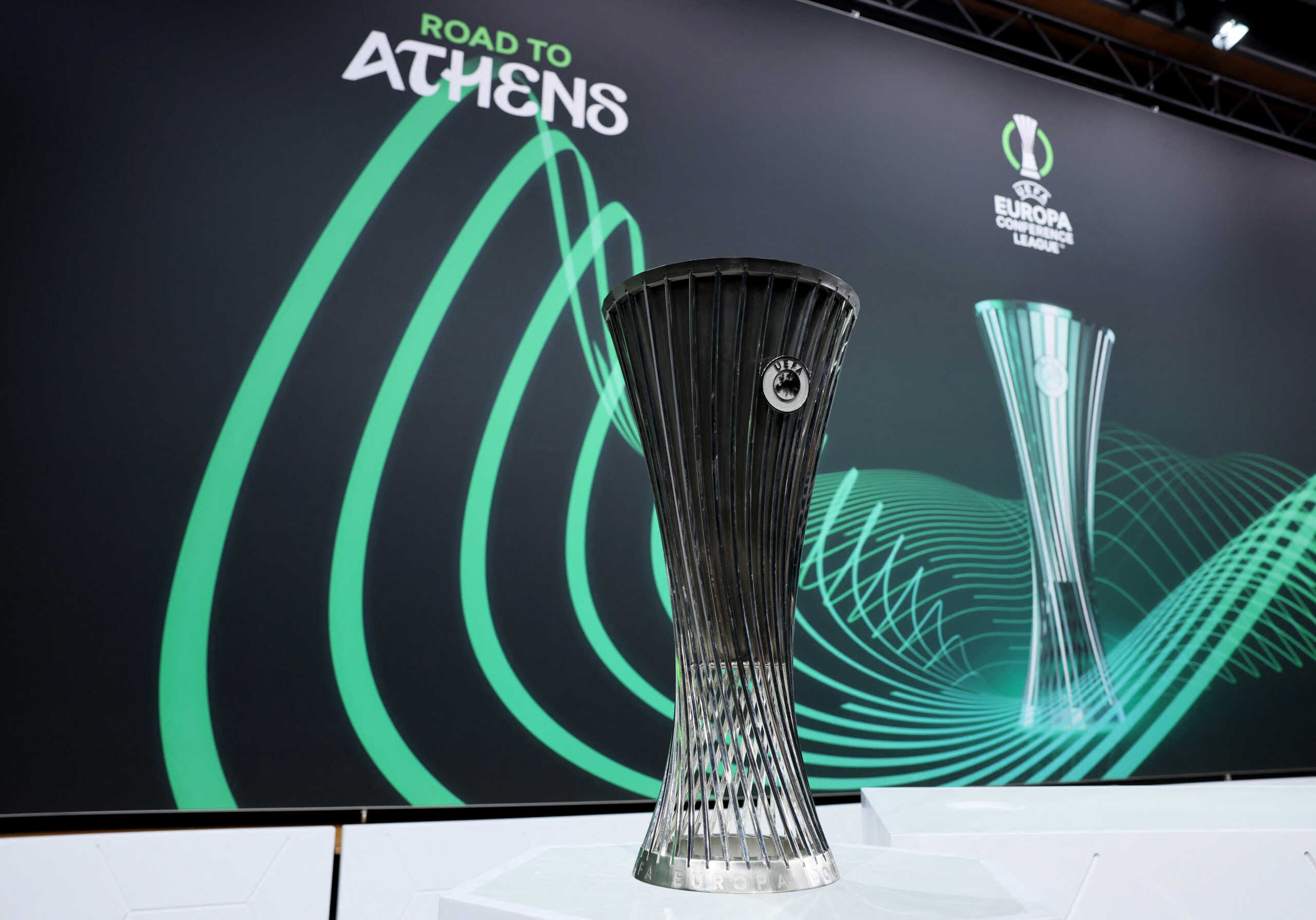 Soccer Football - Europa Conference League - Draw For Quarter Final, Semi Final and Final - UEFA Headquarters, Nyon, Switzerland - March 15, 2024 The Europa Conference League trophy is pictured before the draw REUTERS