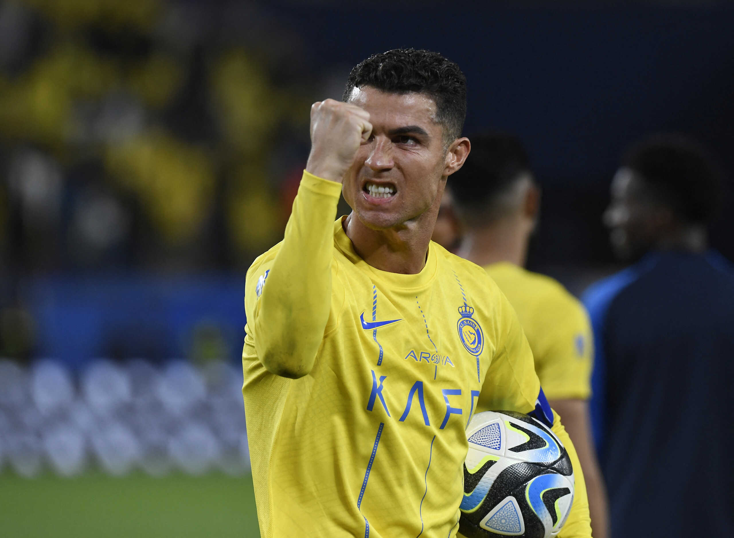 Soccer Football - Saudi Pro League - Al Nassr v Al Tai - Al-Awwal Park, Riyadh, Saudi Arabia - March 31, 2024 Al Nassr's Cristiano Ronaldo celebrates with the match ball after the match REUTERS