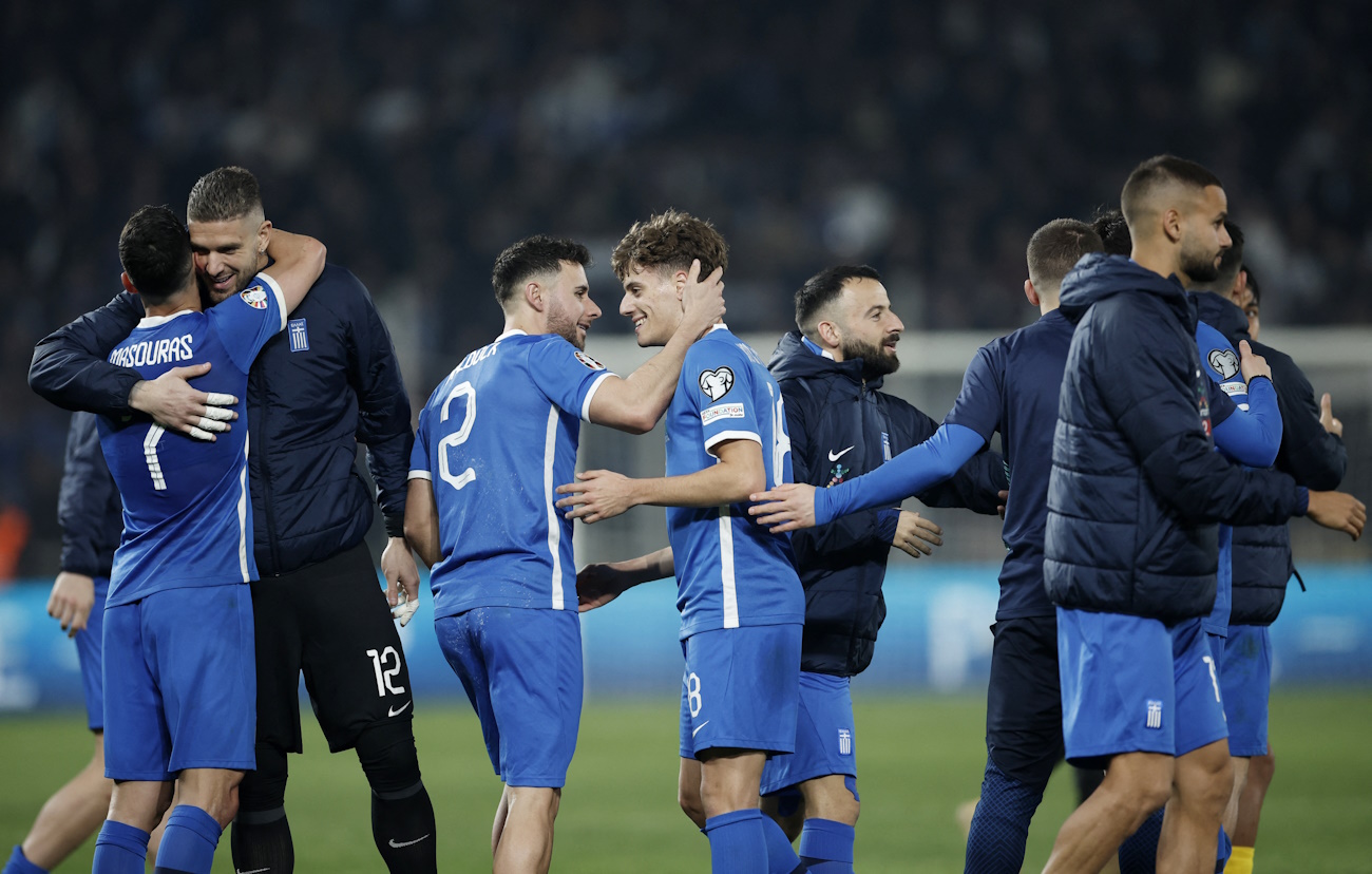 Soccer Football - Euro 2024 Qualifier - Play-Off - Greece v Kazakhstan - Agia Sophia Stadium, Athens, Greece - March 21, 2024 Greece's George Baldock celebrates with Giannis Konstantelias after the match REUTERS