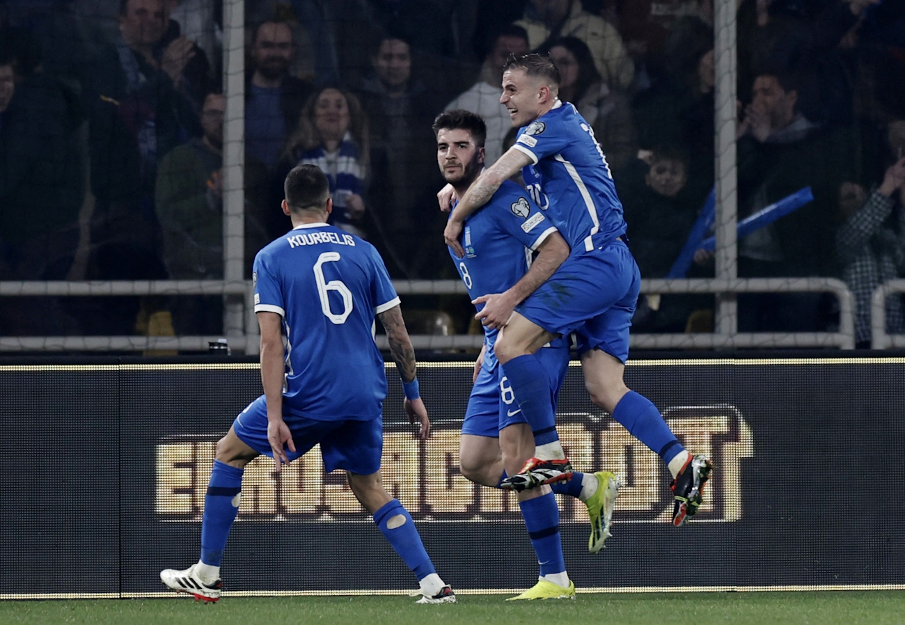 Soccer Football - Euro 2024 Qualifier - Play-Off - Greece v Kazakhstan - Agia Sophia Stadium, Athens, Greece - March 21, 2024 Greece's Fotis Ioannidis celebrates scoring their third goal with teammates REUTERS
