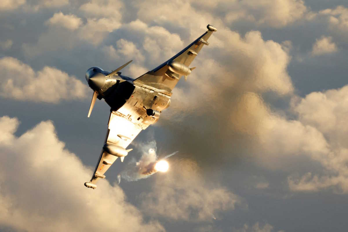 FILE PHOTO: A Eurofighter EF-2000 fighter aircraft of the Spanish Air Force flies during the Ocean Sky 2023 Military Exercise for advanced air-to-air training in the southern airspace of the Canary Islands, Spain, October 25, 2023. REUTERS