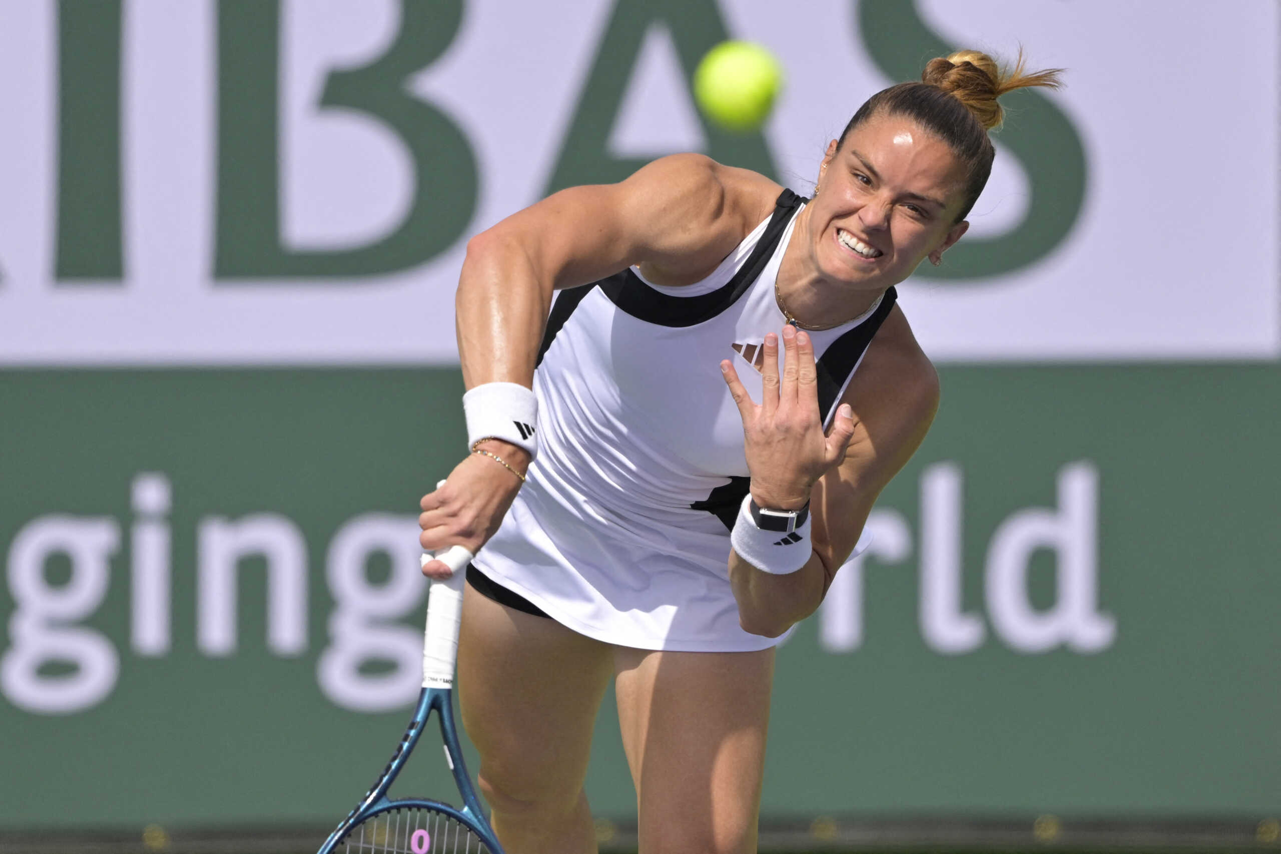 Mar 9, 2024; Indian Wells, CA, USA;  Maria Sakkari (GRE) serves the ball as she defeated Diana Shnaider in her second round match in the BPN Paribas Open at the Indian Wells Tennis Garden. Mandatory Credit: Jayne Kamin-Oncea-USA TODAY Sports