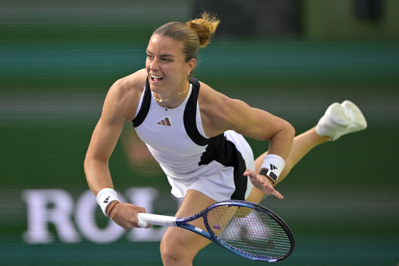 Mar 13, 2024; Indian Wells, CA, USA;  Maria Sakkari (GRE) hits a shot in her fourth round match against Diane Parry (FRA) in the BNP Paribas Open at the Indian Wells Tennis Garden. Mandatory Credit: Jayne Kamin-Oncea-USA TODAY Sports