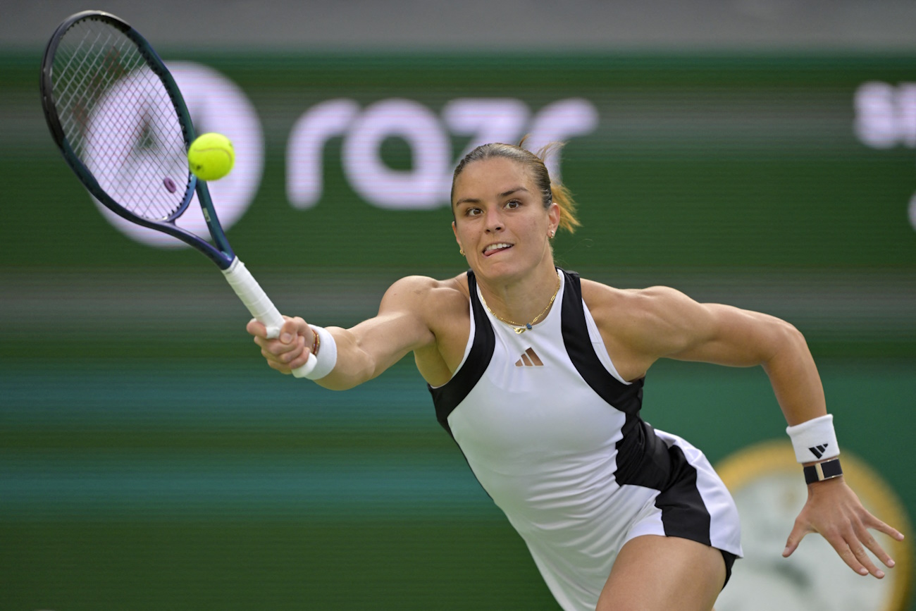 Mar 13, 2024; Indian Wells, CA, USA;  Maria Sakkari (GRE) hits a shot in her fourth round match against Diane Parry (FRA) in the BNP Paribas Open at the Indian Wells Tennis Garden. Mandatory Credit: Jayne Kamin-Oncea-USA TODAY Sports